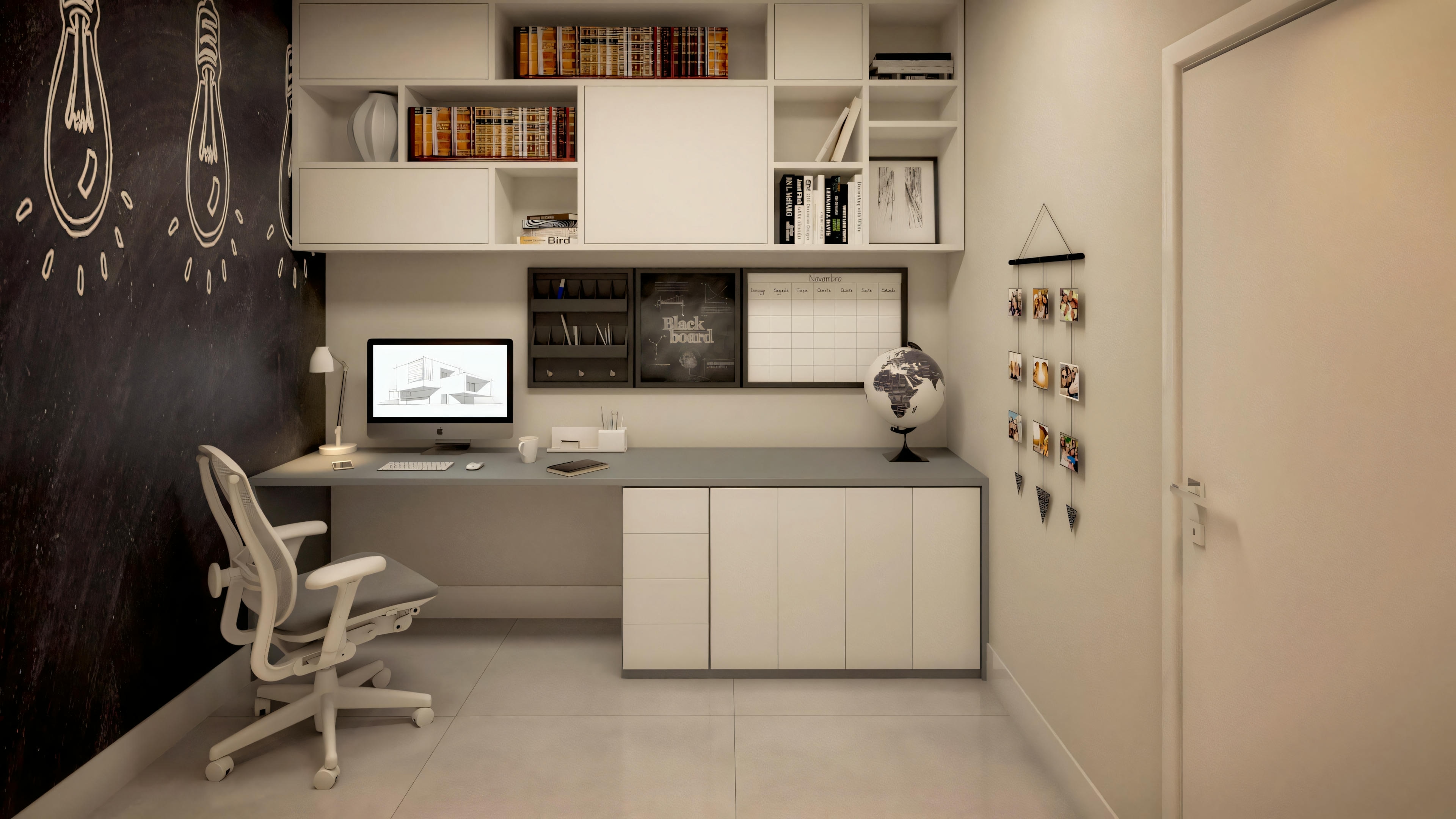 A home office space with a desk, chair, computer monitor, shelves above the desk, and cabinets to the side.