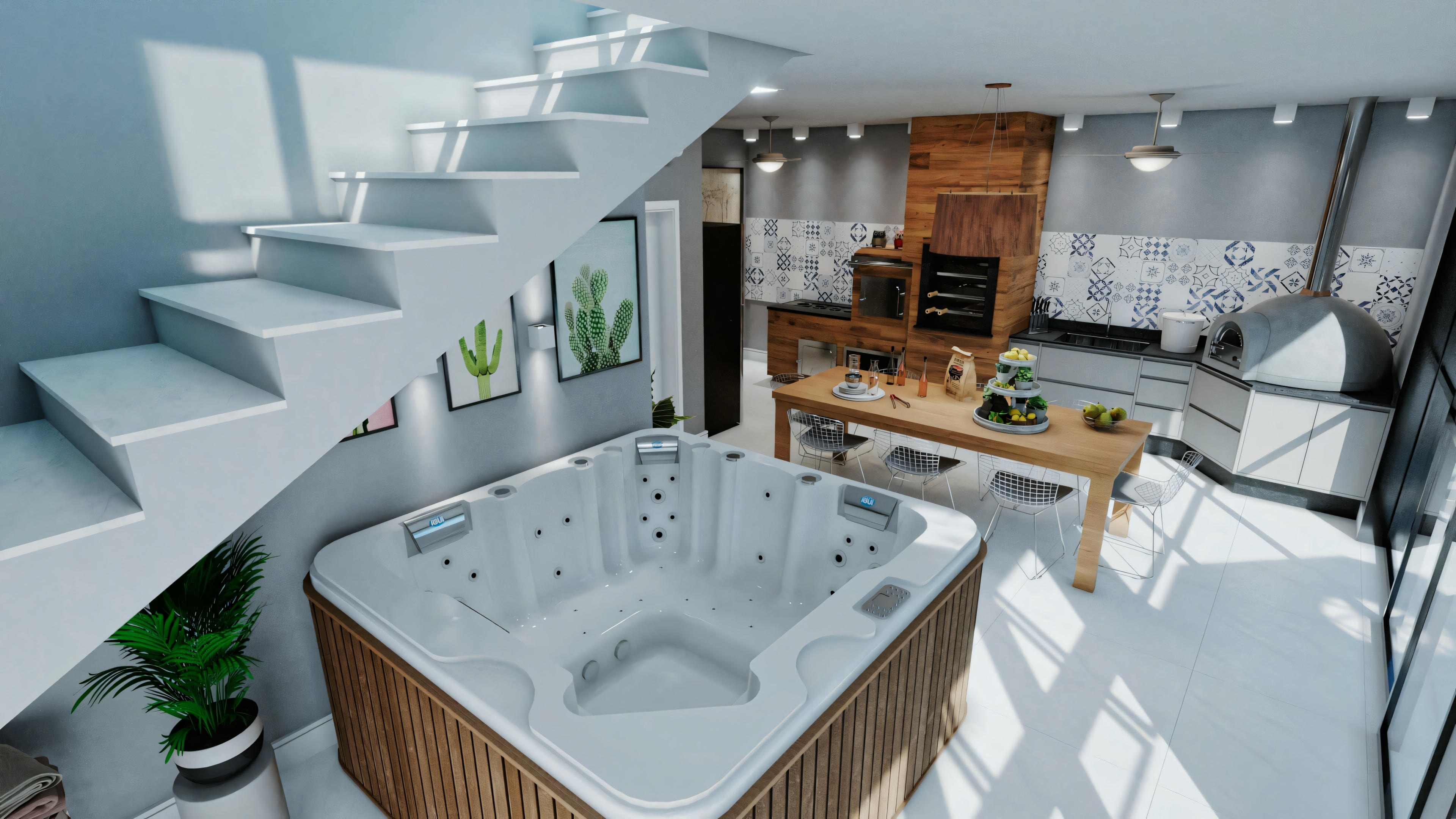 Modern kitchen and dining area with stairs leading to the upper level. 