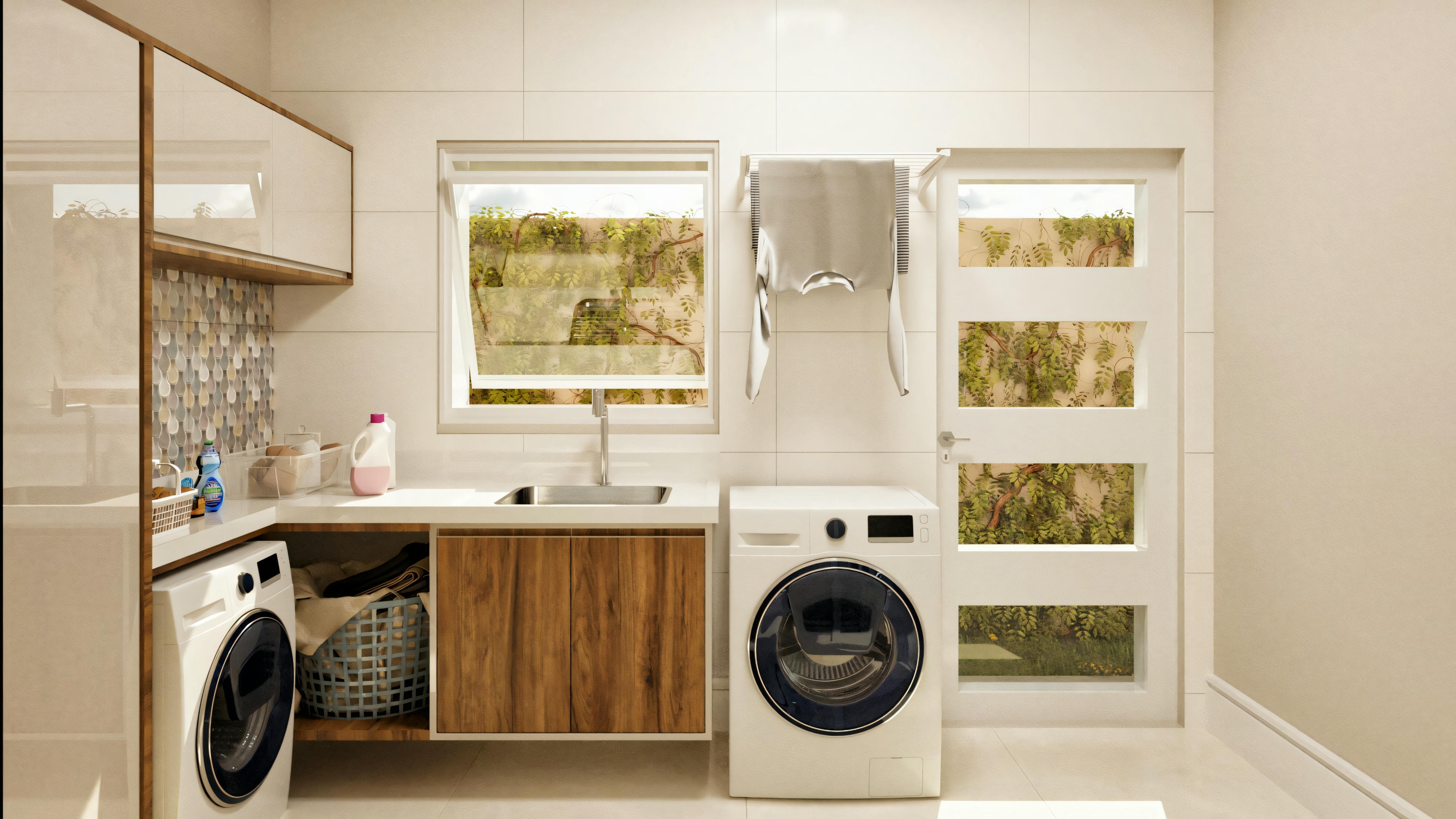 A modern laundry room with a washing machine, dryer, and cabinets.