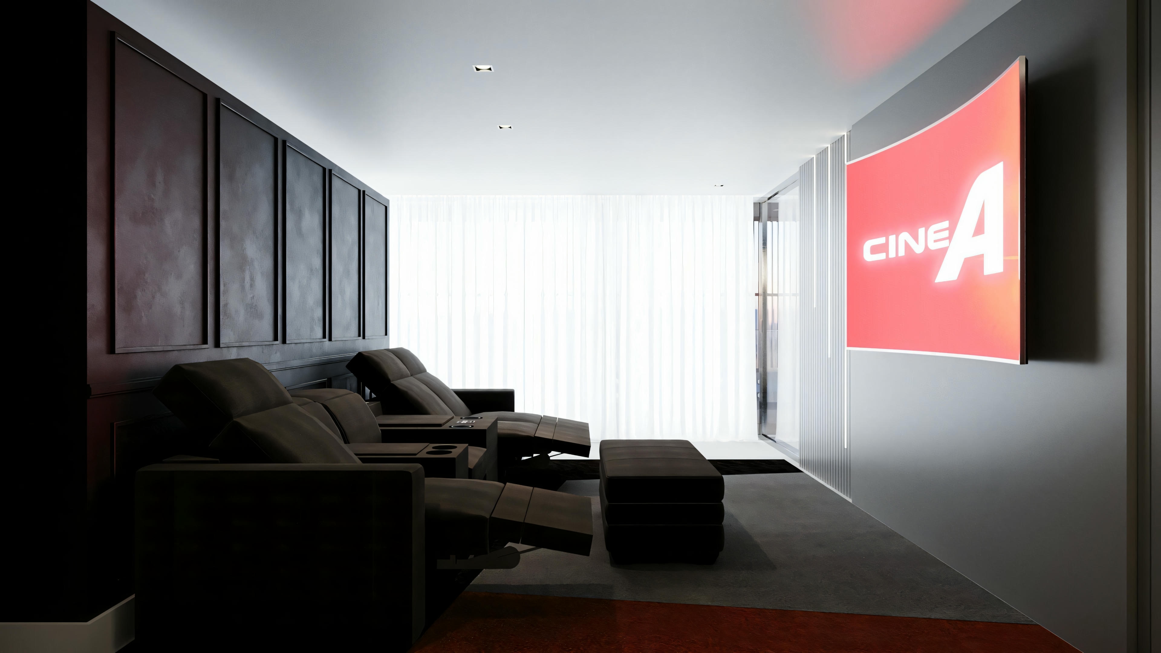 A modern living room with contemporary furniture, including sofas and chairs, and artwork on the wall.