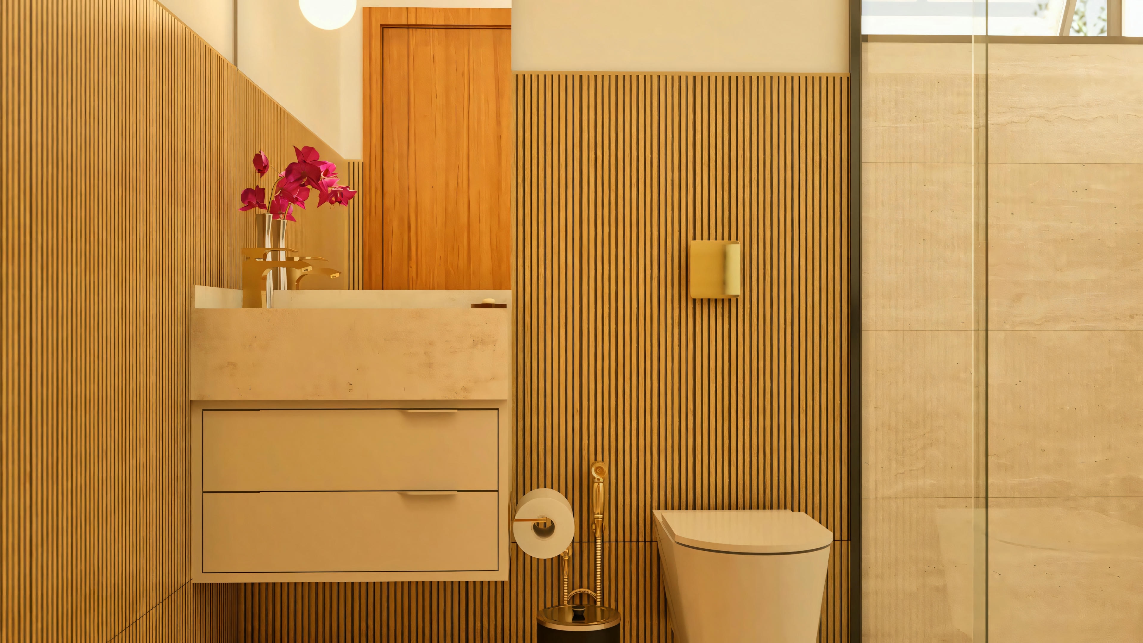 Modern bathroom of a 330m² two-story house, featuring a slatted wood panel, floating countertop with vessel sink, toilet, and porcelain tile cladding in the shower area.