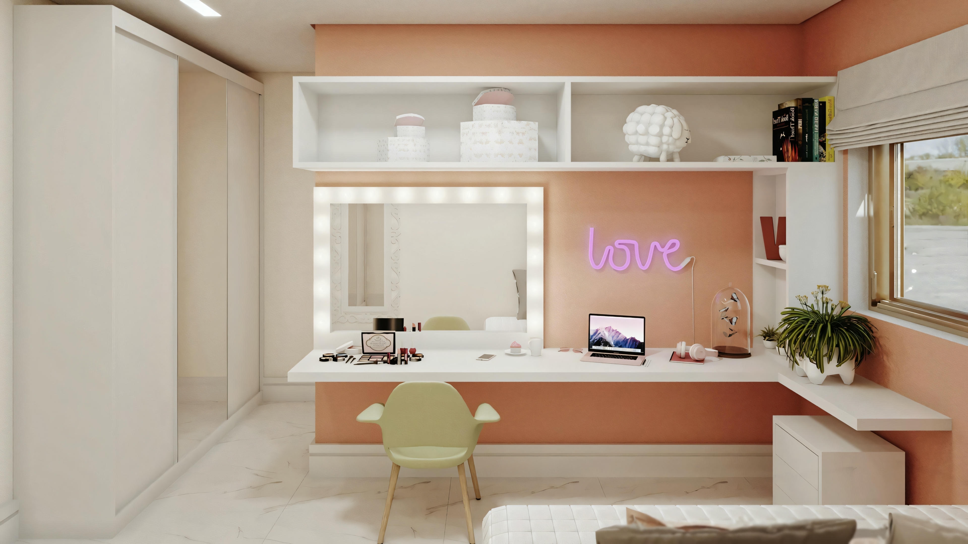 Un espacio de oficina moderno con tonos neutros, incluyendo paredes beige y muebles similares a los de la primera imagen. Hay un escritorio con un ordenador, elementos decorativos y muebles.