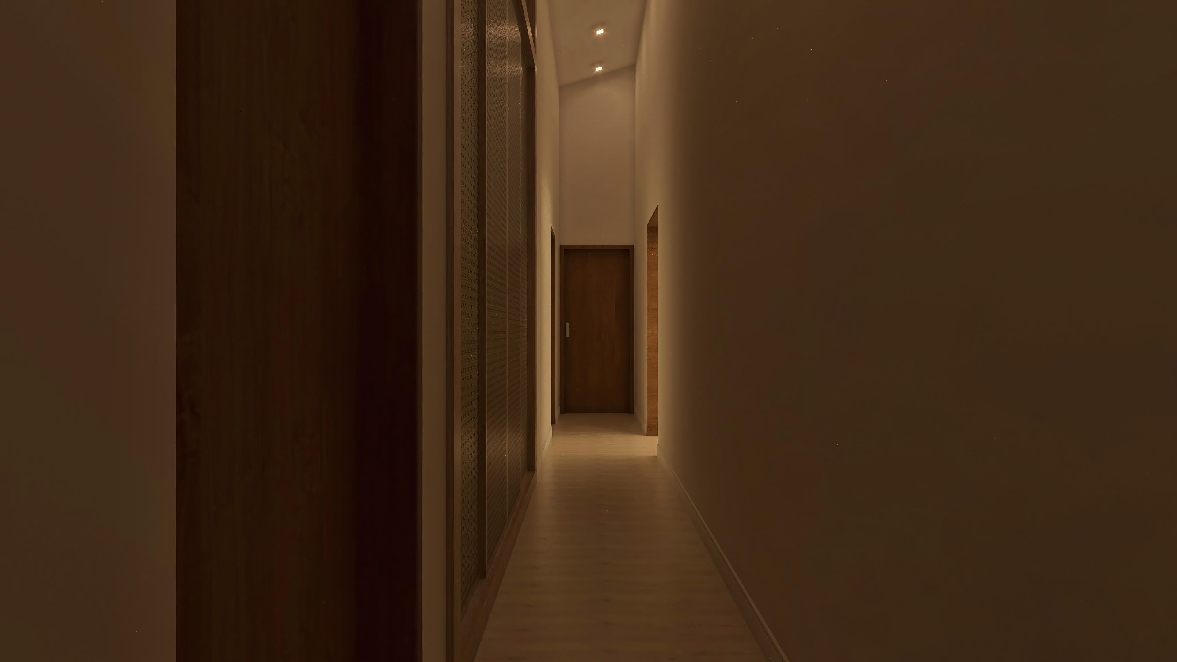 Pasillo interno con suelo de madera, paredes en tono neutro, puerta de madera maciza y panel alistonado con iluminación empotrada.