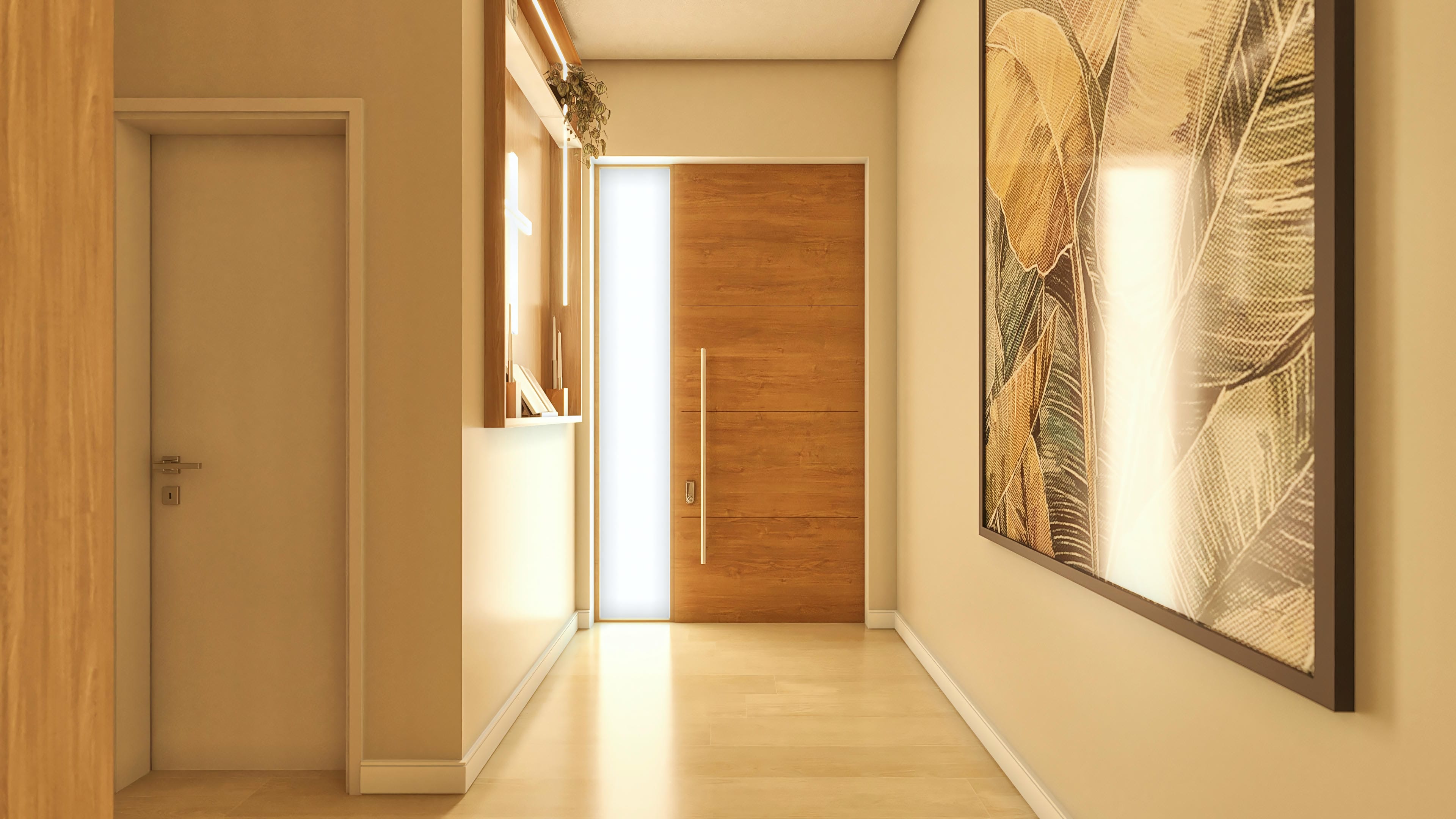 Corredor con piso de madera clara, puerta principal imponente de madera con cerradura en acero cepillado e iluminación LED empotrada.