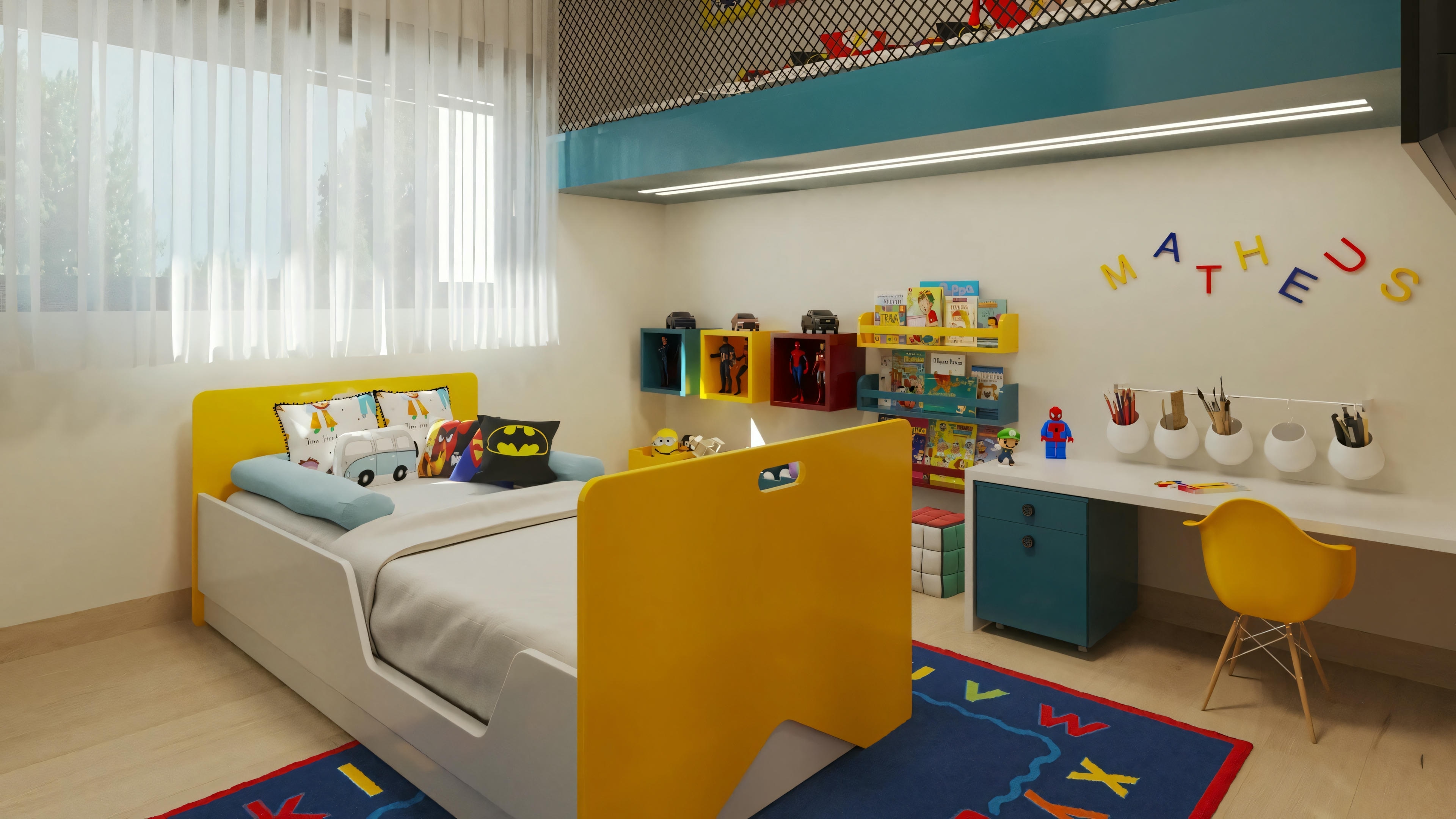 Quarto infantil temático de uma das 5 suítes do projeto pronto, mobiliado com cama amarela, escrivaninha, prateleiras e mezanino com rede.