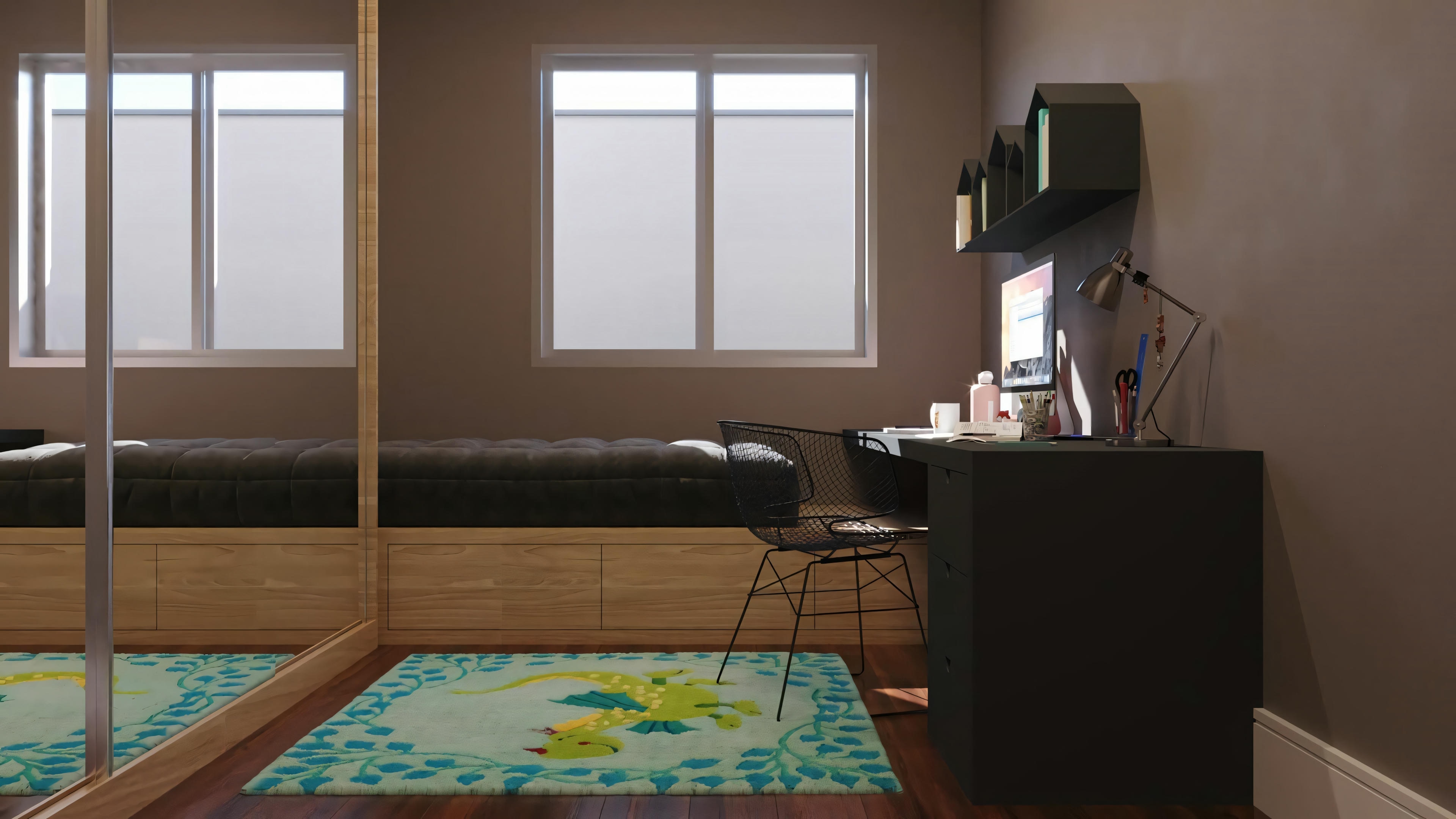  Quarto com cama, janelas com cortinas marrons, televisão sobre uma cômoda e tapete colorido no chão.