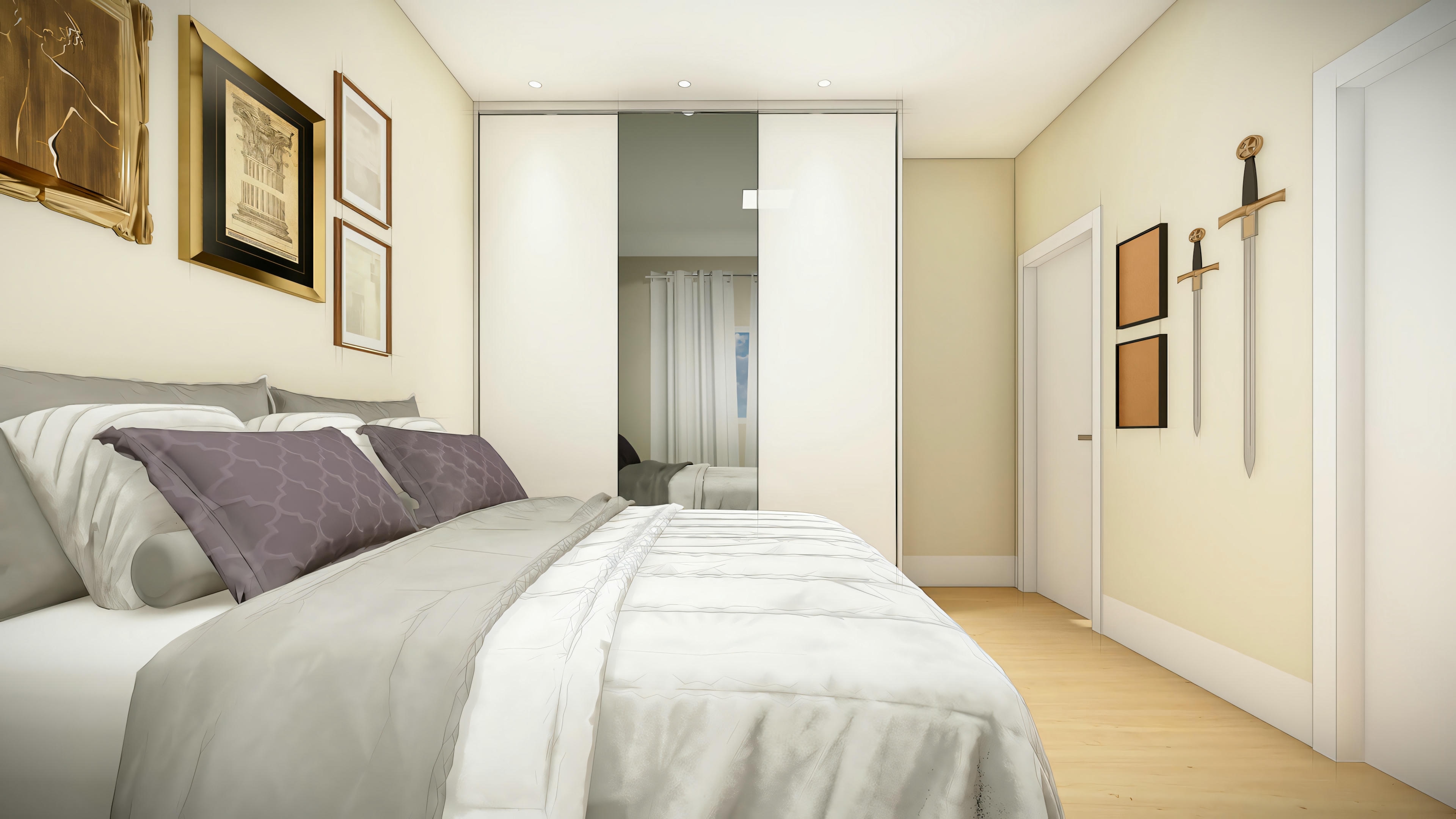 Um quarto com uma cama e mesas de cabeceira.