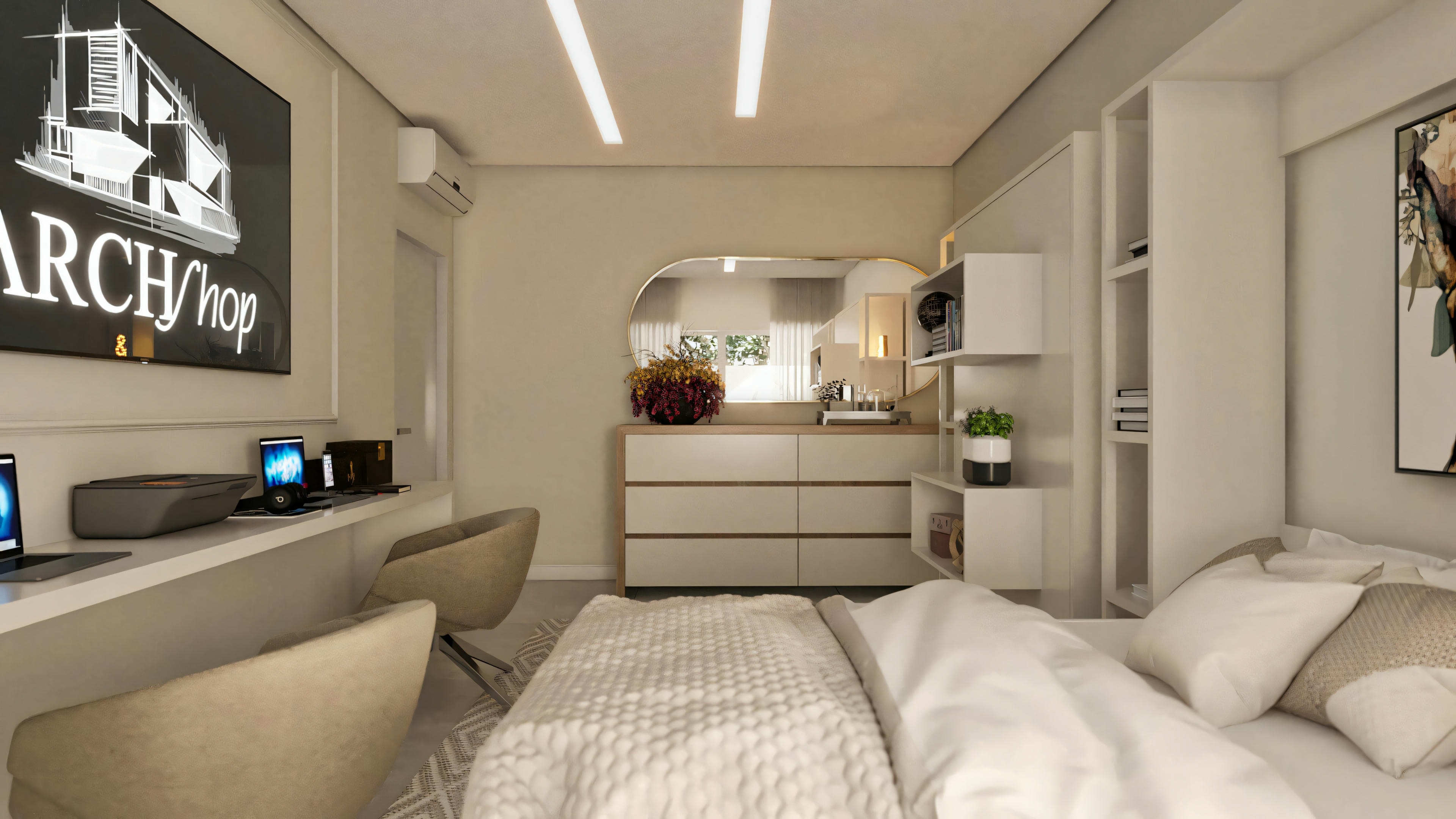 Ambiente de quarto com espaço para home office em projeto de casa moderna térrea (3 quartos), com cama, bancada de trabalho dupla, cadeiras, cômoda, espelho e prateleiras.
