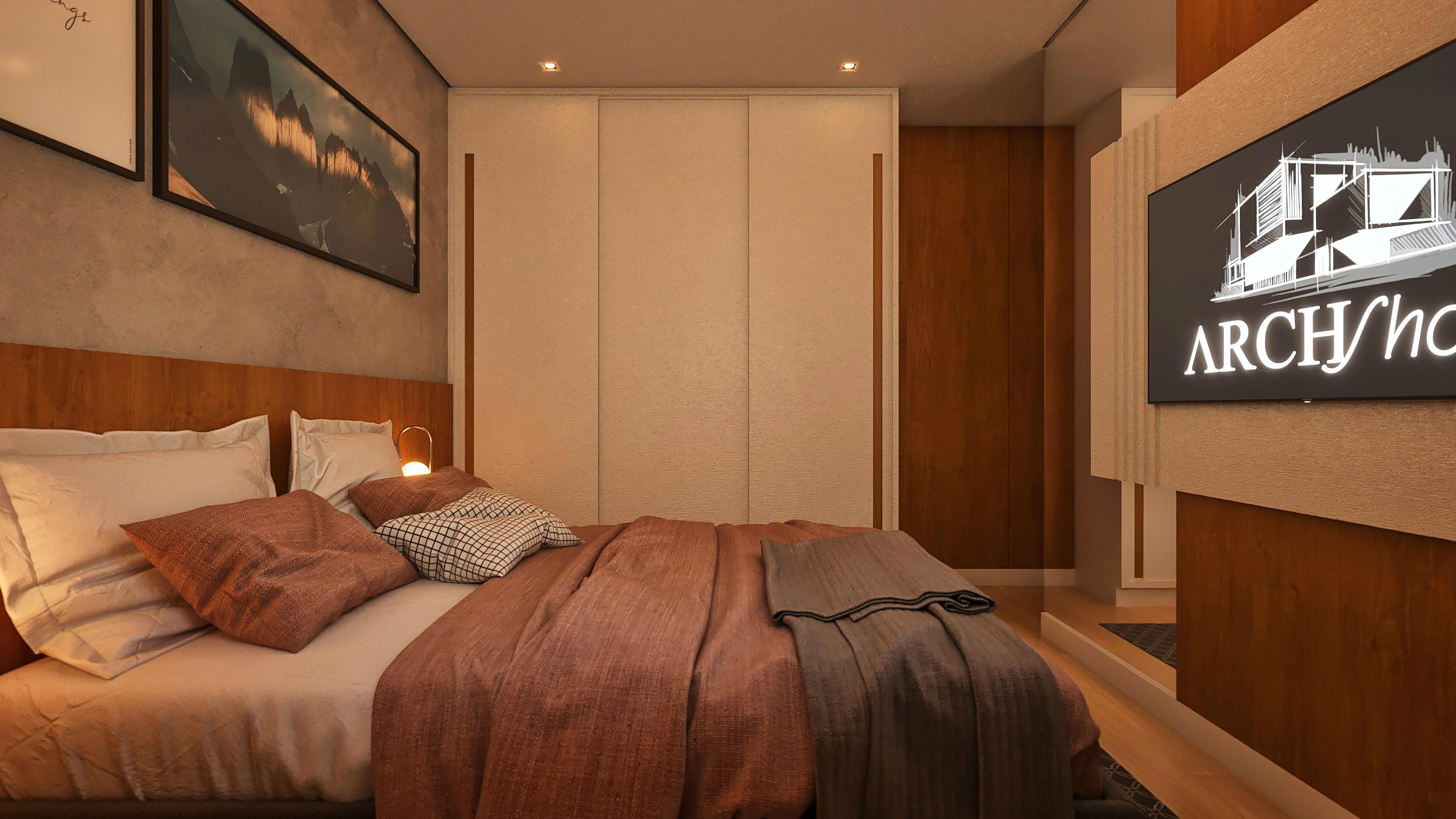 Interior de quarto moderno com cama de casal, paredes texturizadas e armário embutido. Detalhes em madeira e iluminação sutil criam um ambiente aconchegante e funcional.