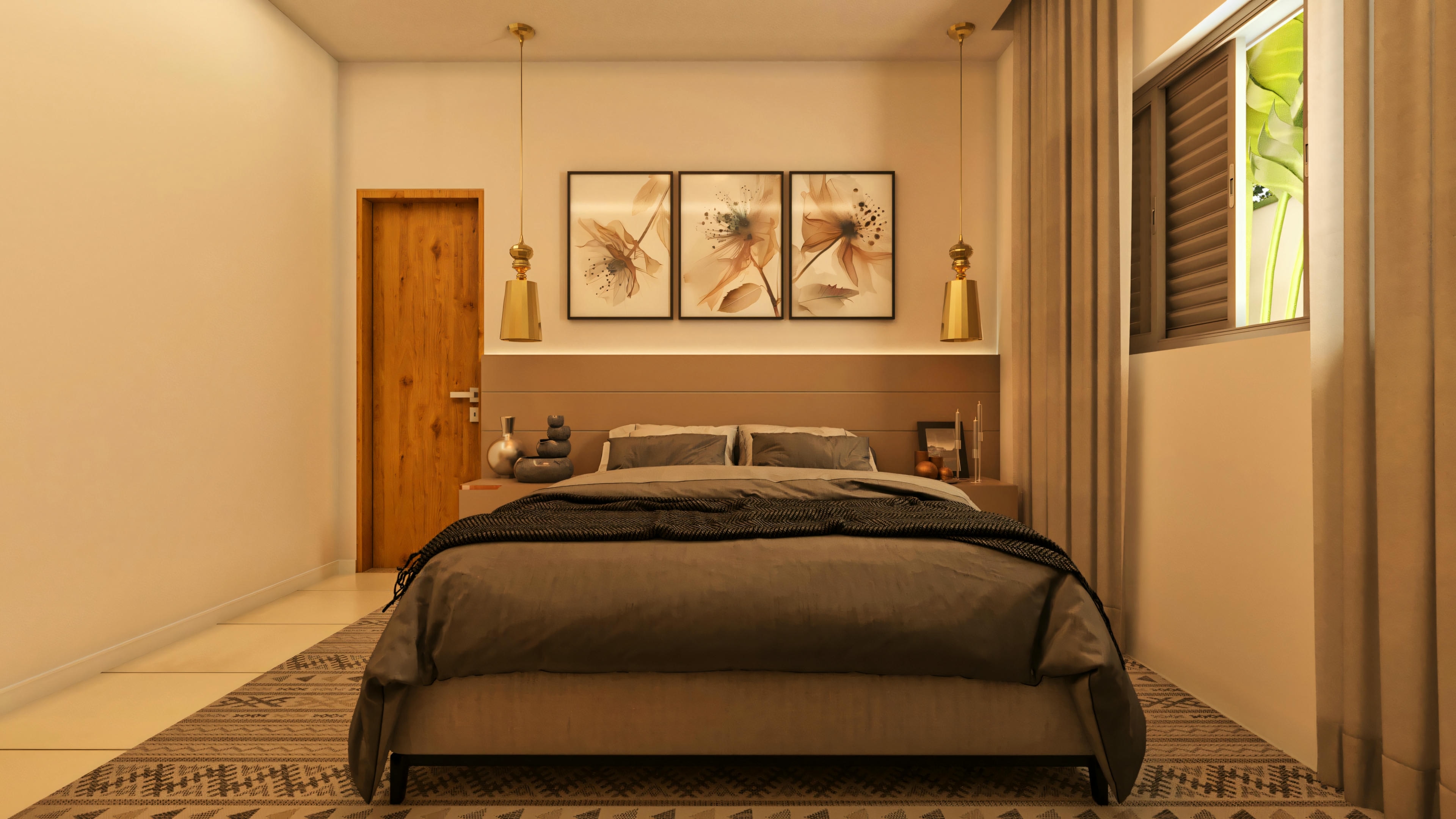 Habitación de matrimonio con decoración minimalista y cama queen-size.
