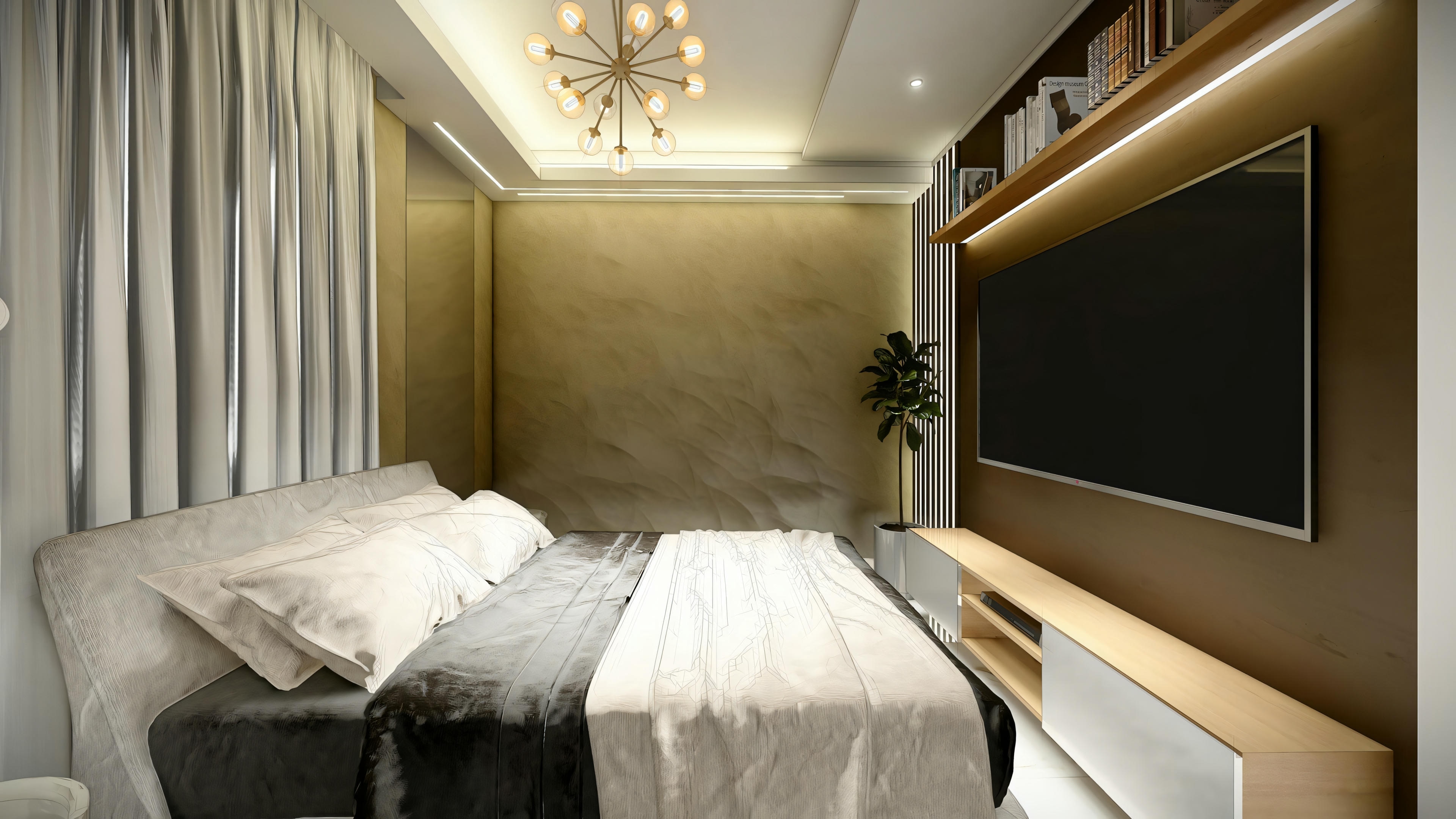 Quarto moderno com cama grande, roupa de cama branca, cabeceira contra uma parede texturizada e teto ornamentado com luminárias intrincadas.
