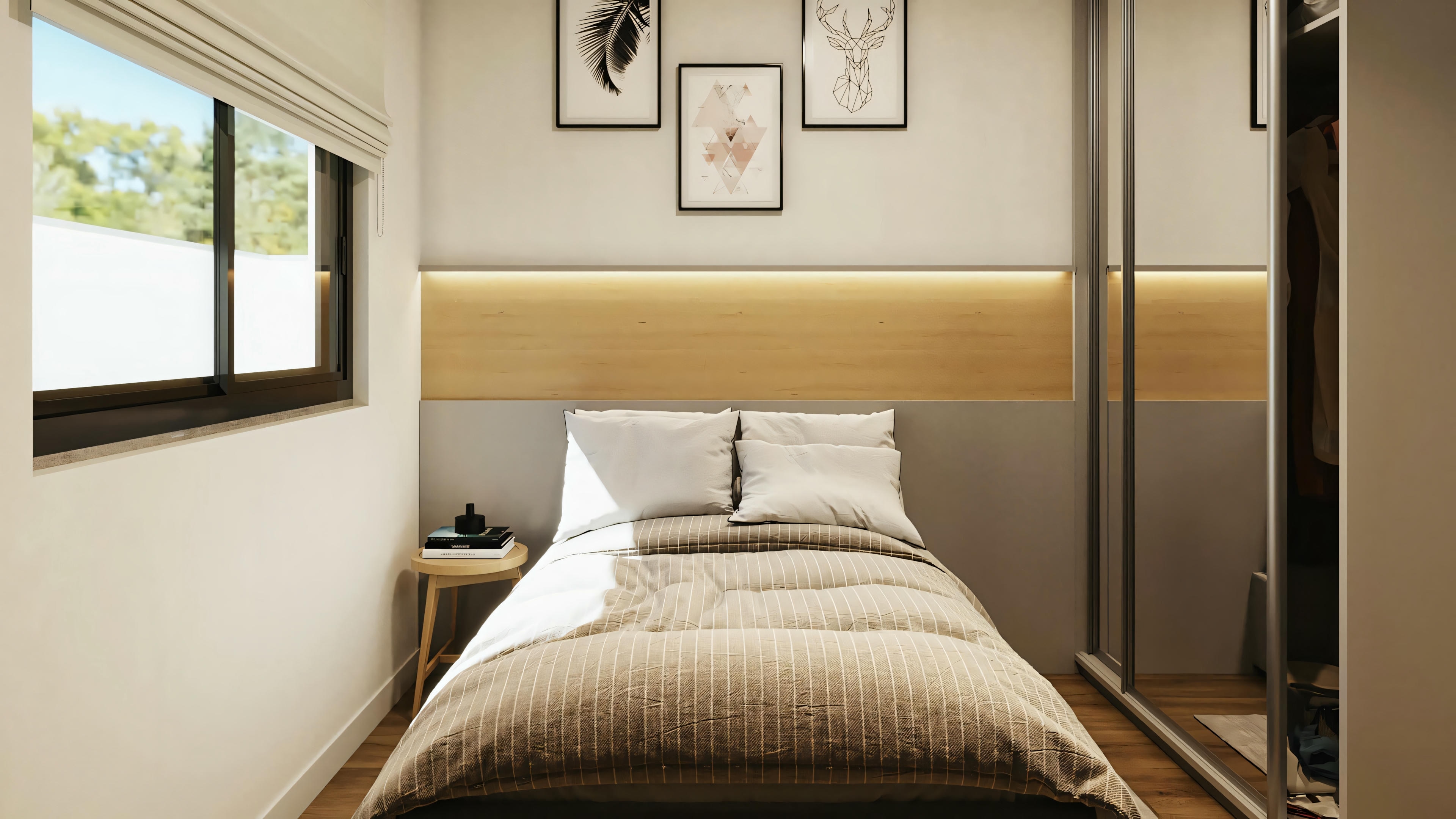 Quarto com cama arrumada e iluminação quente.