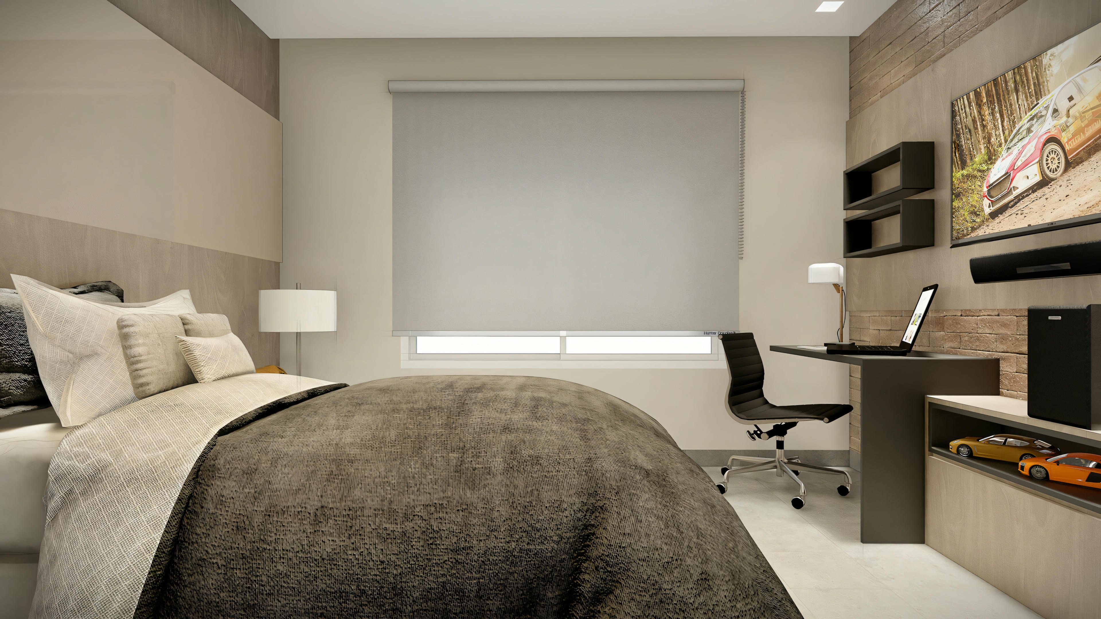 Dormitorio con cama grande, mesitas de noche y decoración minimalista.