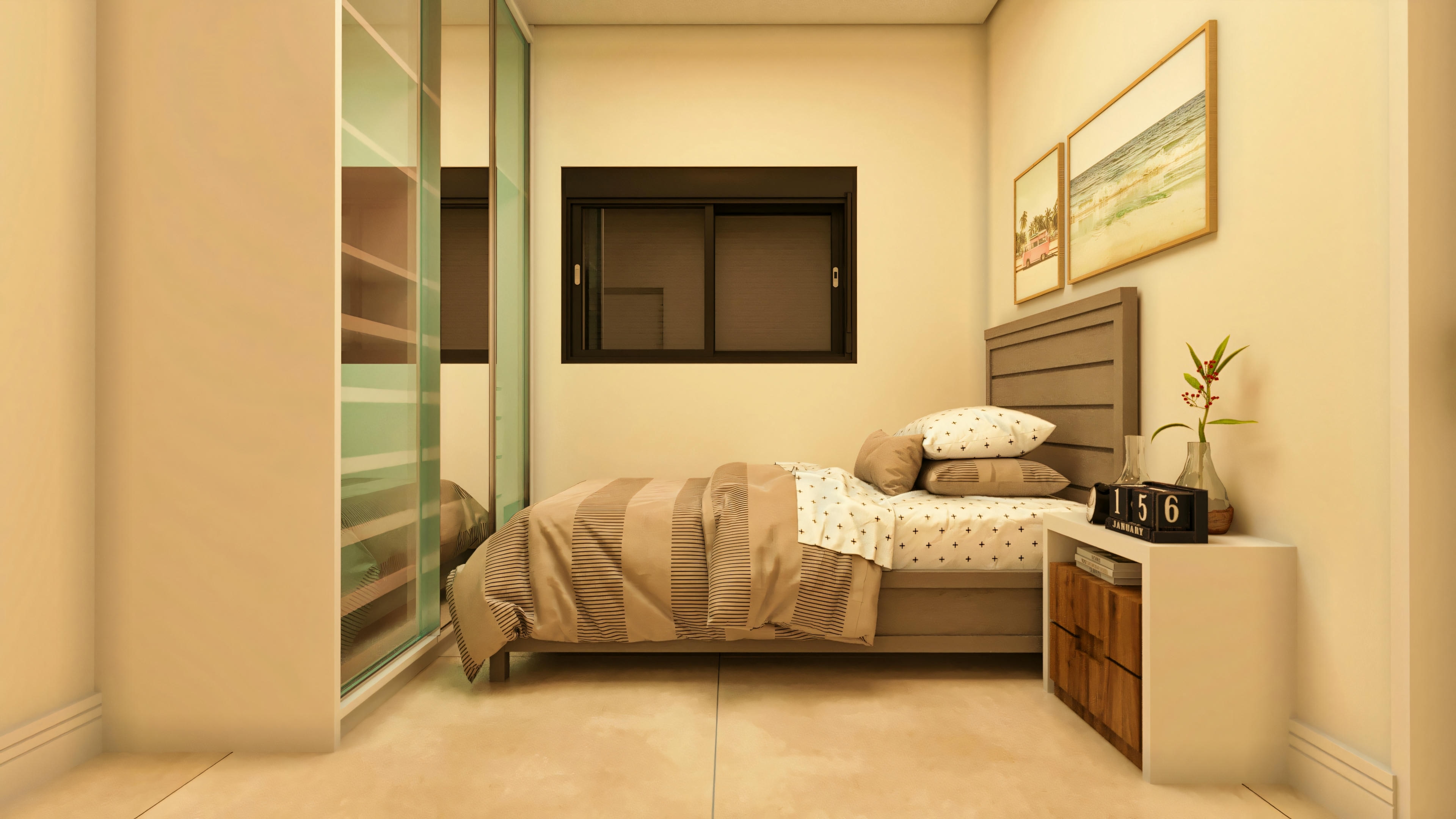 Interior de quarto em sobrado moderno, com cama, decoração, janela e armário planejado com portas de correr espelhadas. Solução de armazenamento em planta de 4 quartos.