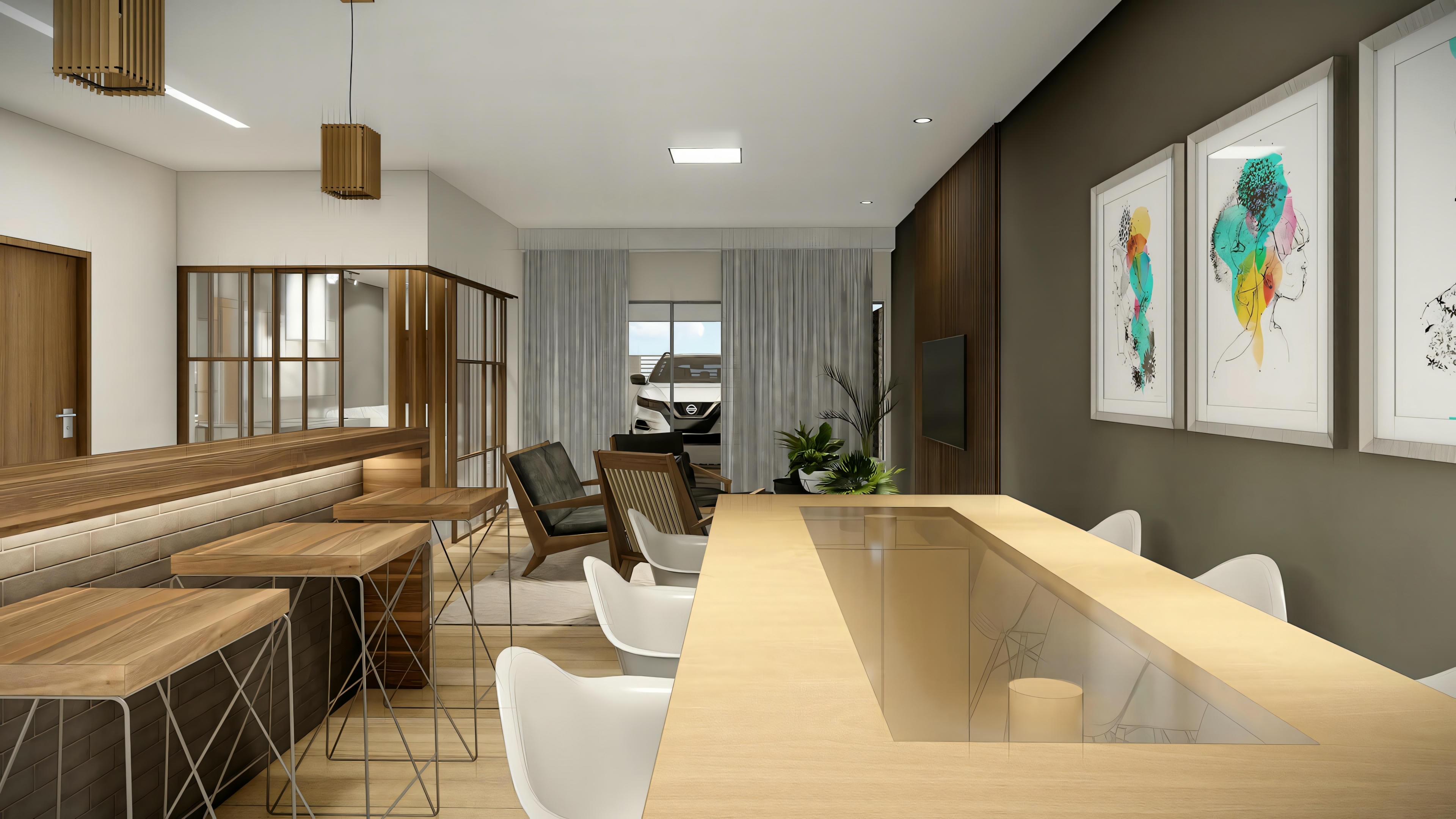 Uma sala de jantar com uma mesa grande e cadeiras, adjacente a um espaço de estar.