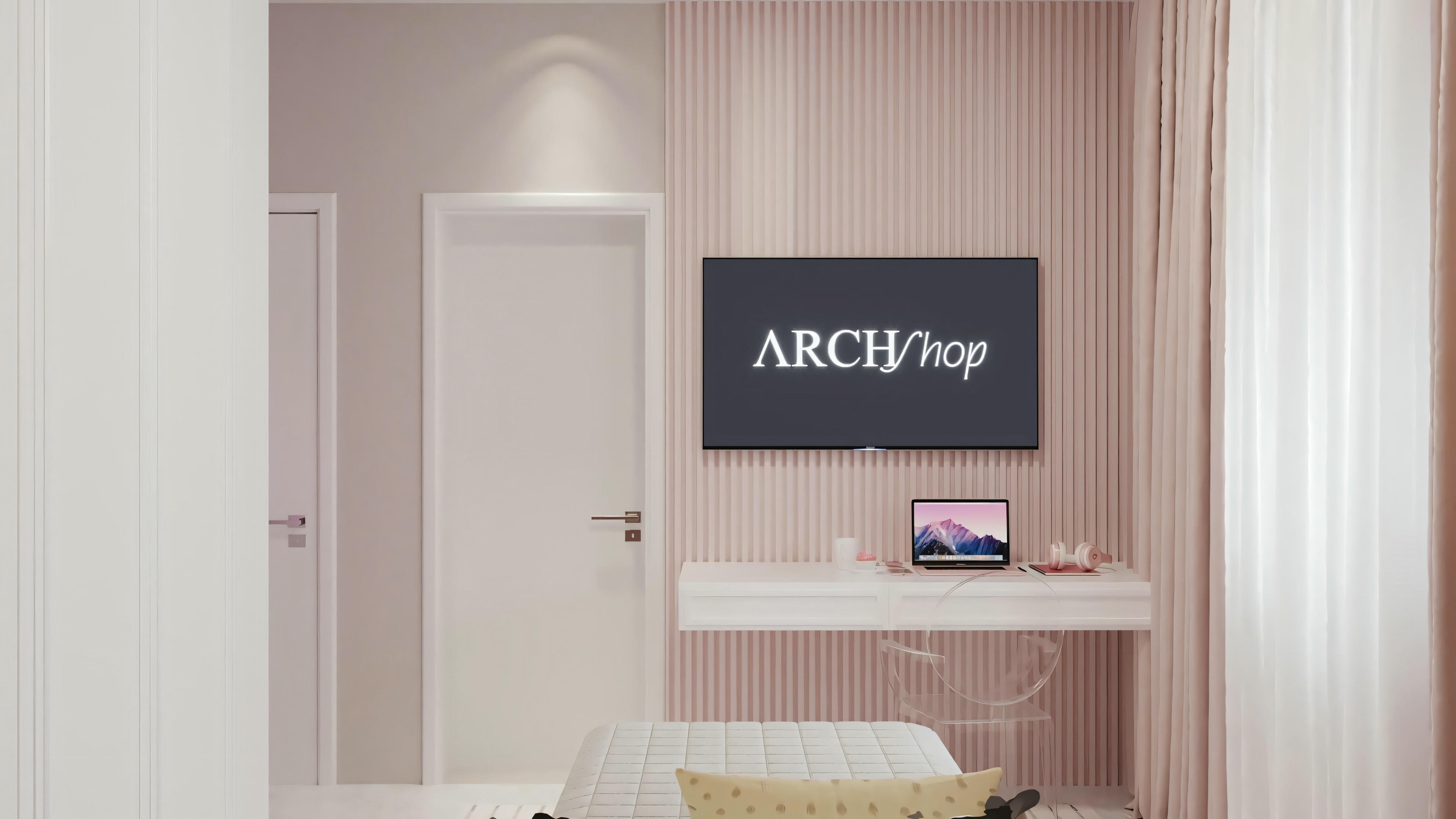 Um quarto moderno com portas brancas, um monitor de tela plana