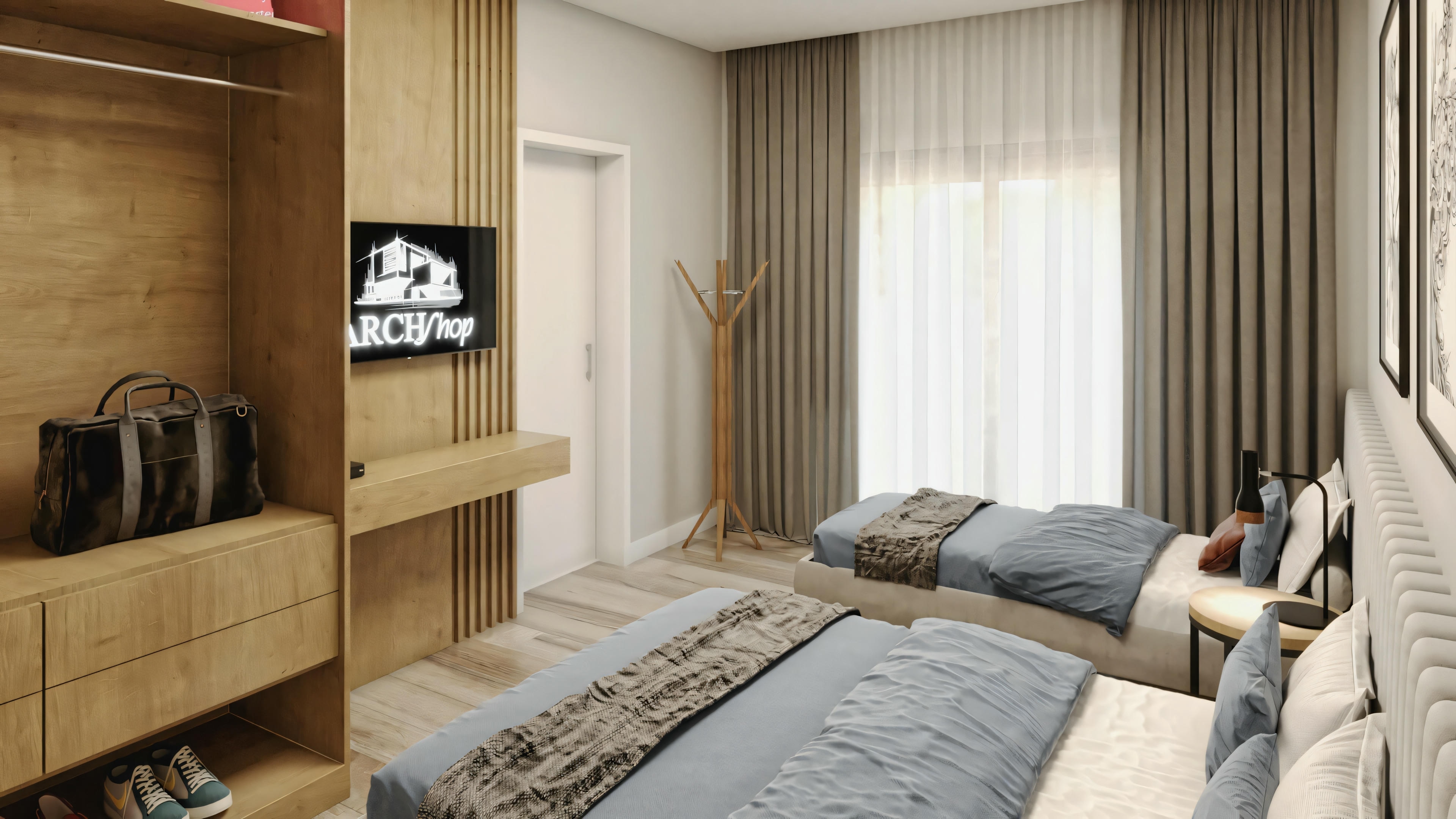 Un salón con sofá orientado hacia la televisión y estanterías encima.