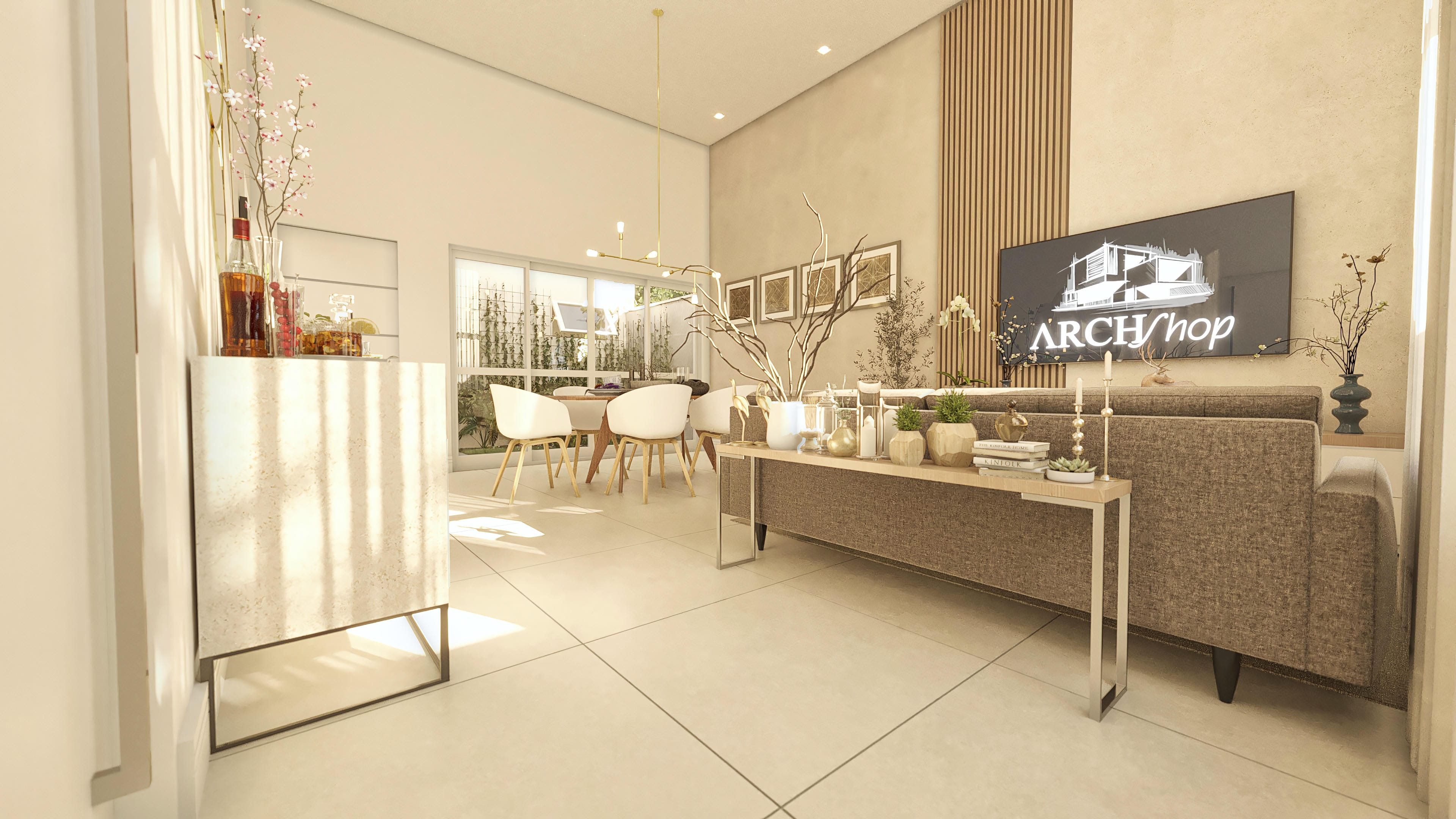 Integrated living and dining room with a light floor, abundant natural lighting, and a slatted panel on the wall, ideal for narrow lots.
