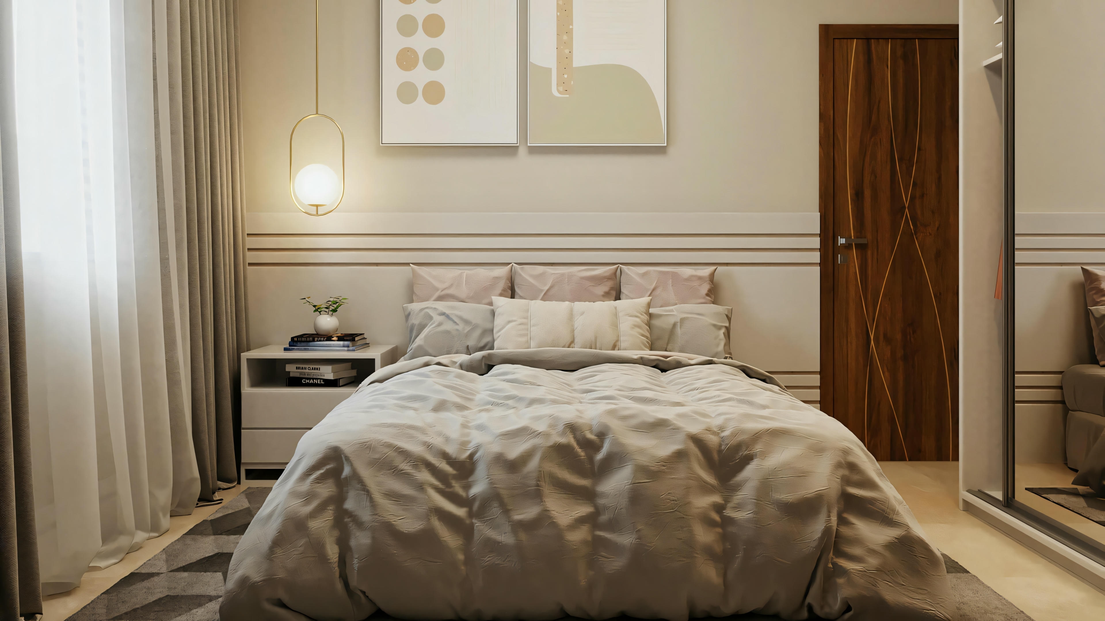 Image of the third bedroom of the ready-made single-story house project with 3 bedrooms, 2 of which are suites. The room has a double bed, bedside table, pendant lighting, large window with curtain, and wall decoration.