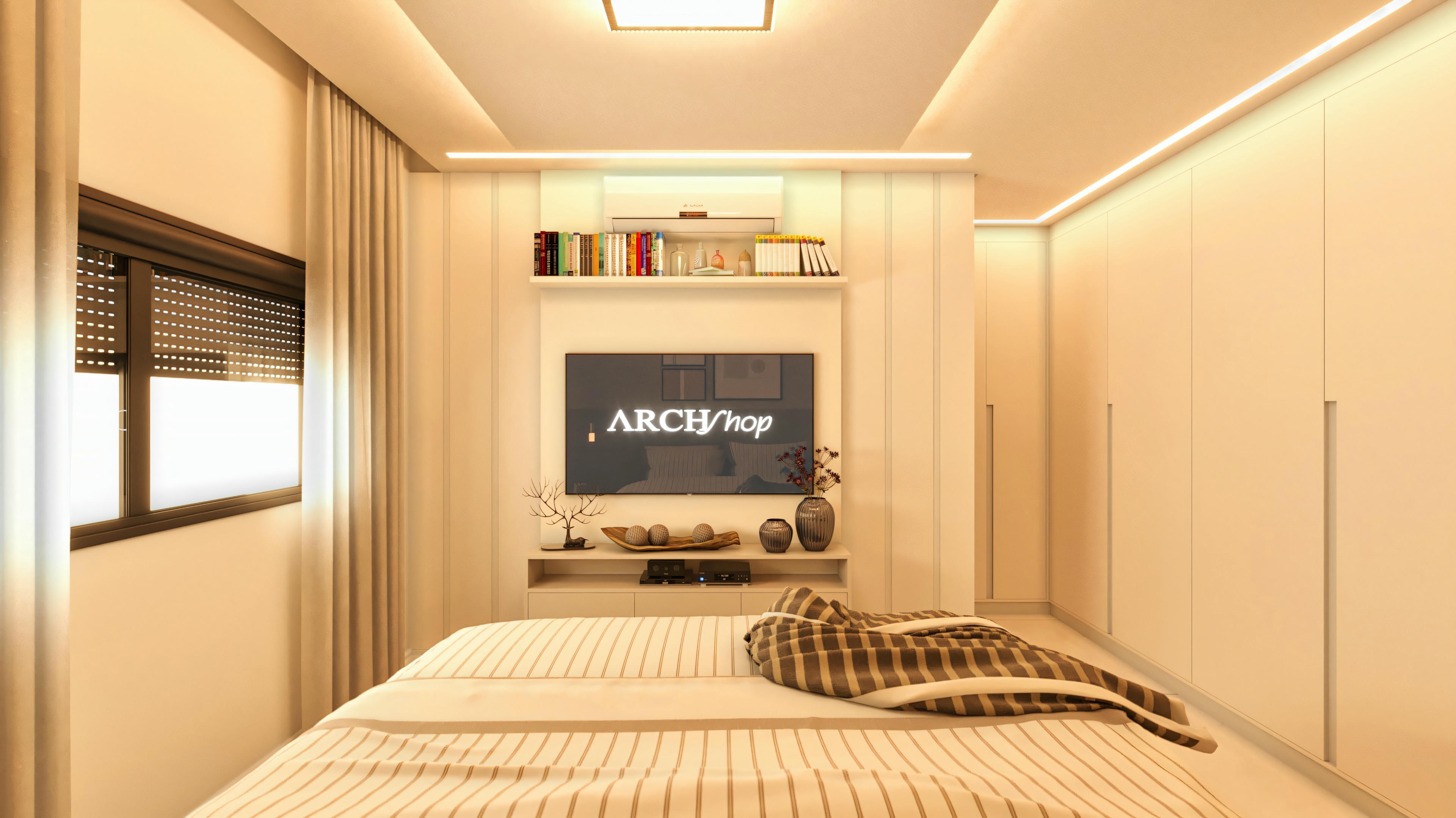 Suite bedroom with a floor-to-ceiling planned closet and TV panel. Part of a modern 3-bedroom house, 2 of which are suites. Bed with striped bedding.