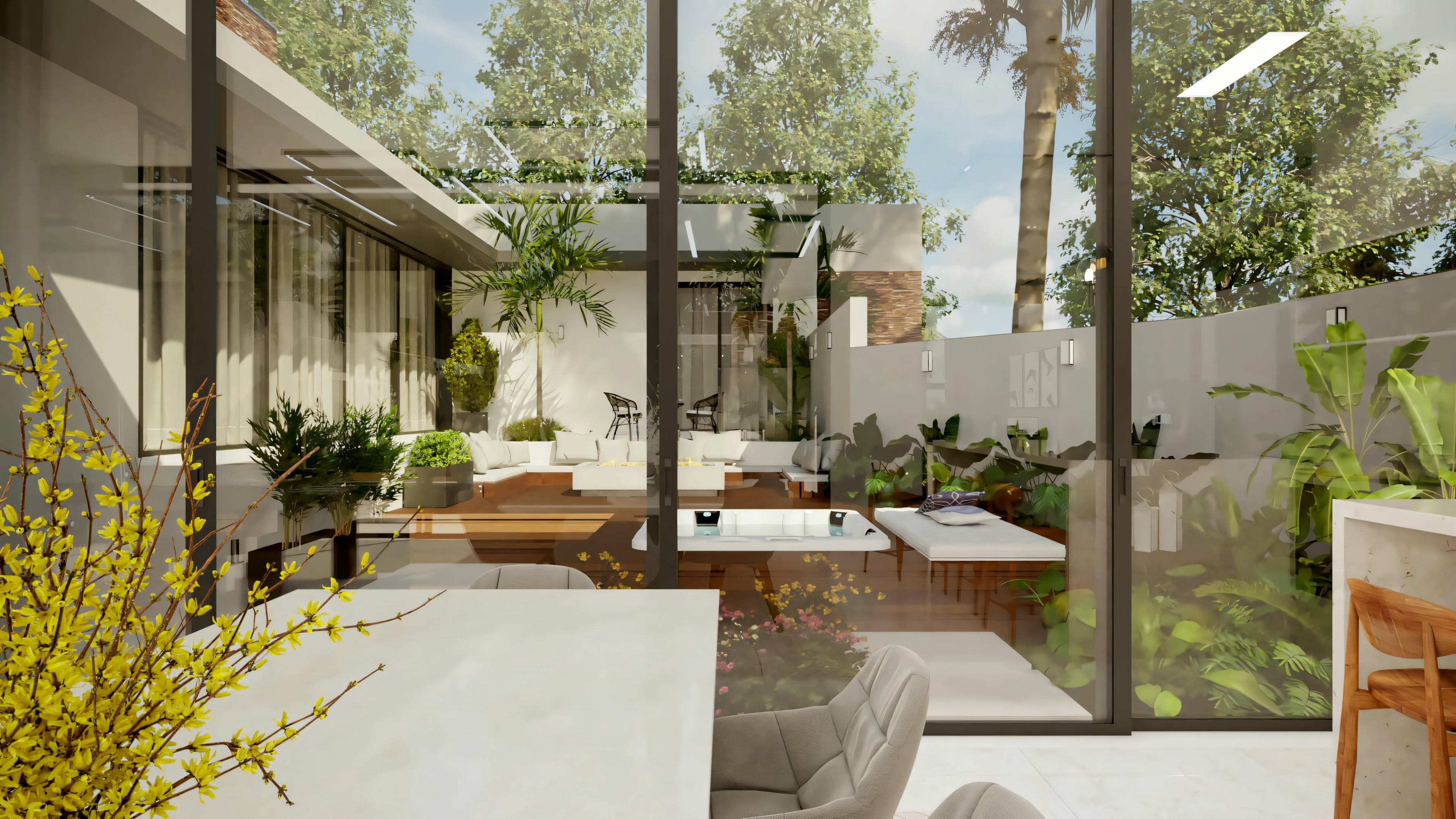 Zona exterior con piscina y sala de estar.