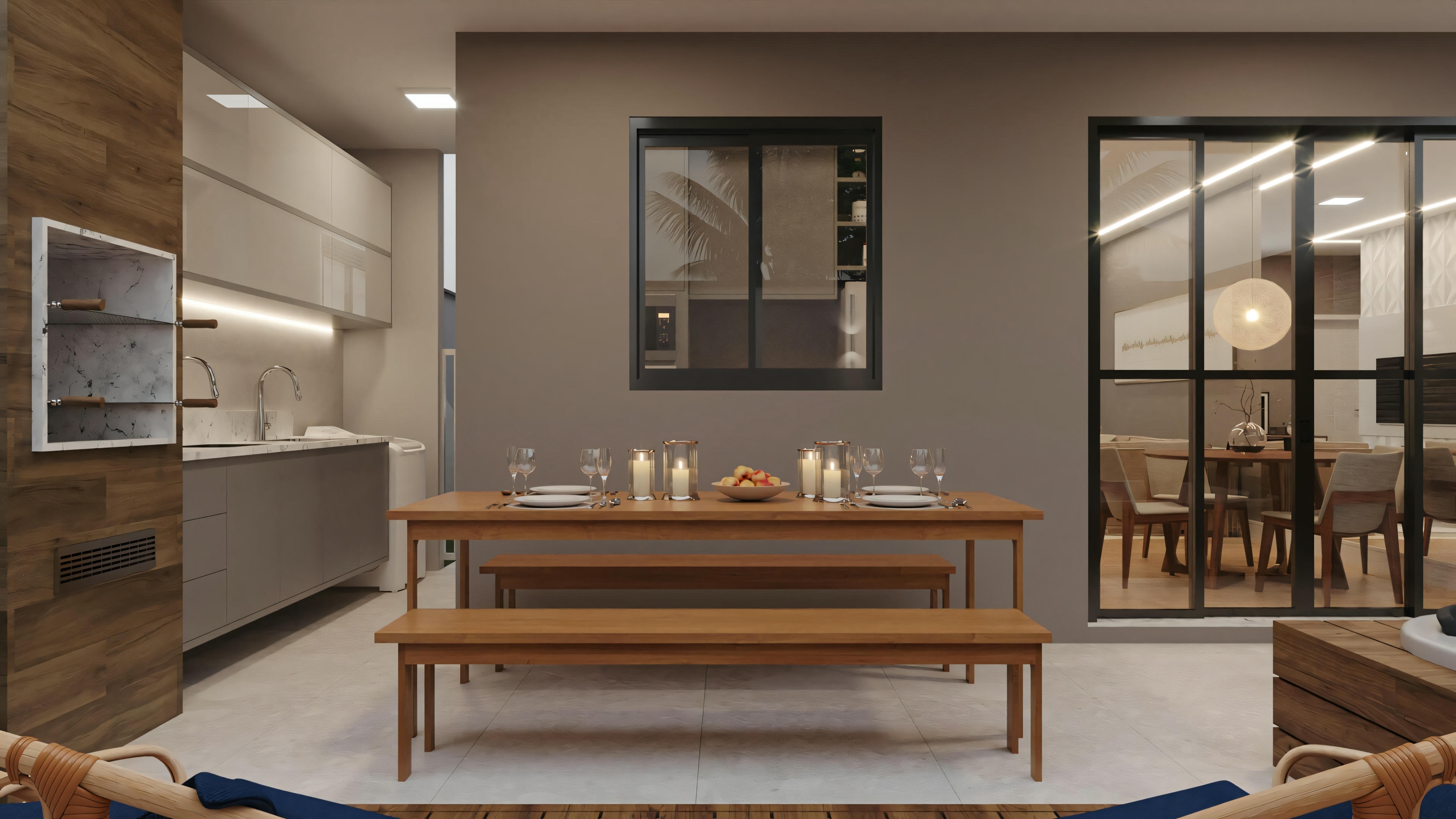 Um espaço interior bem iluminado com área de jantar e cozinha integrada, mobiliado com móveis modernos e grandes janelas.