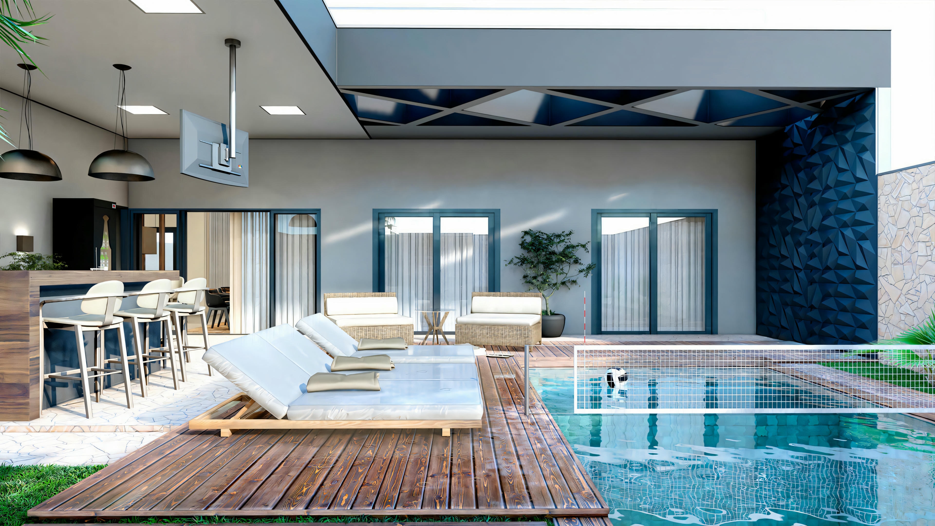 Exterior view of a backyard with a patio area, outdoor furniture, and a pool surrounded by a well-kept lawn.
