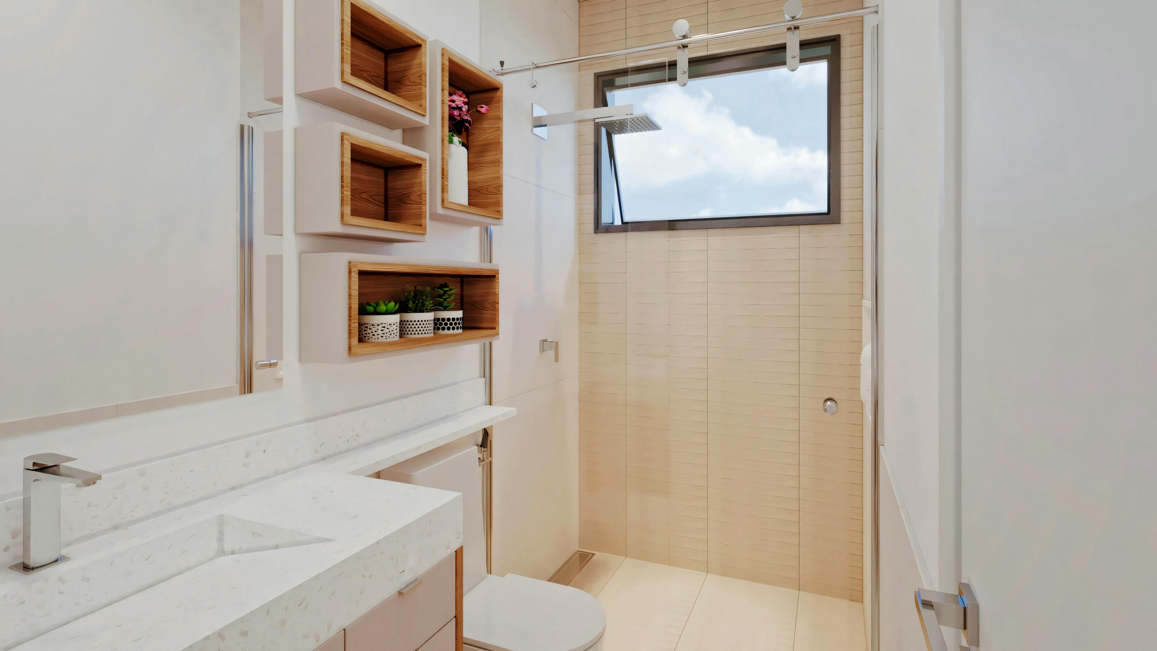 Banheiro com um grande chuveiro walk-in, portas de vidro e uma janela que fornece luz natural.
