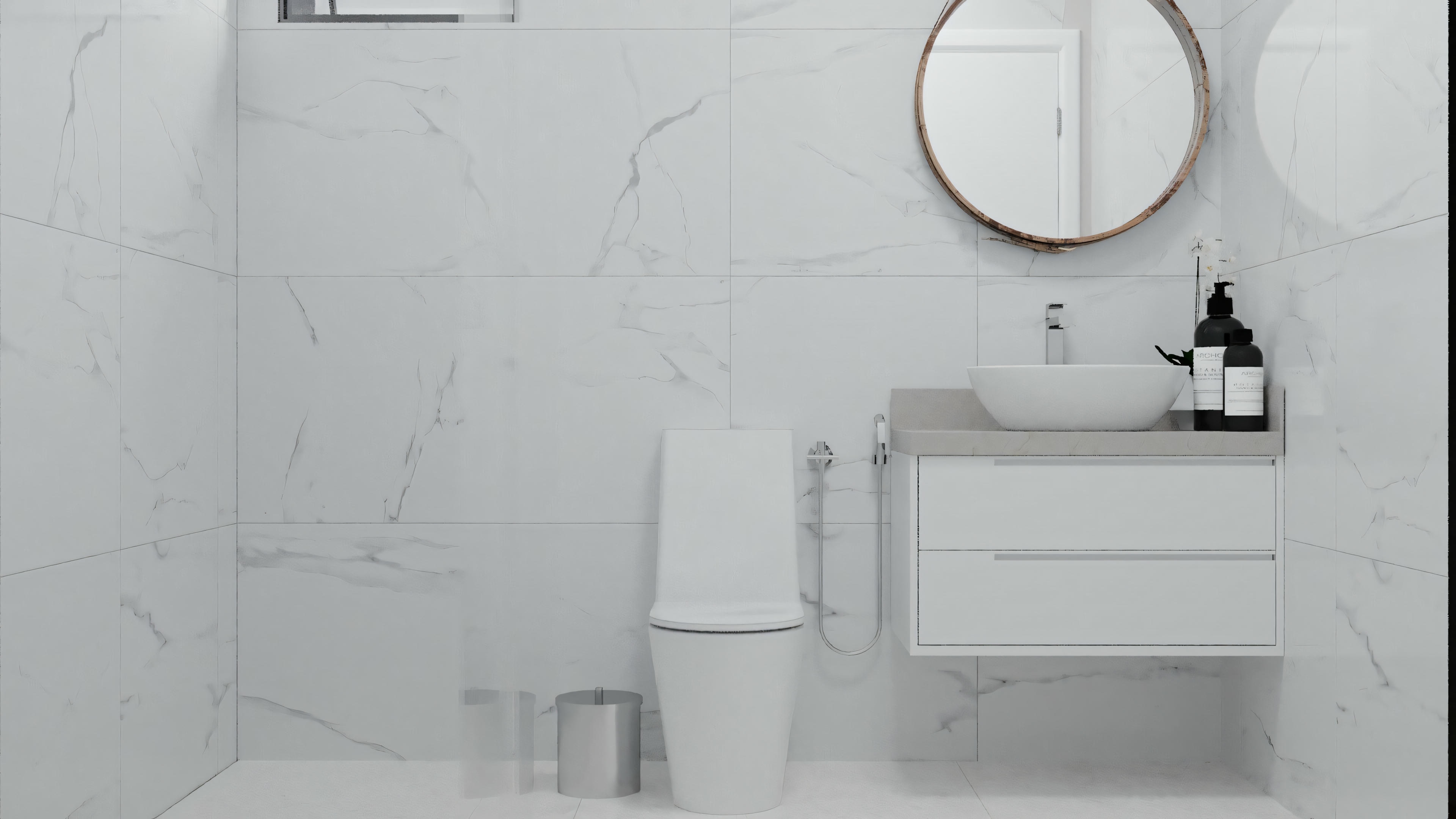 Un baño con paredes blancas, espejo redondo sobre un lavabo con grifo, y artículos de tocador visibles.