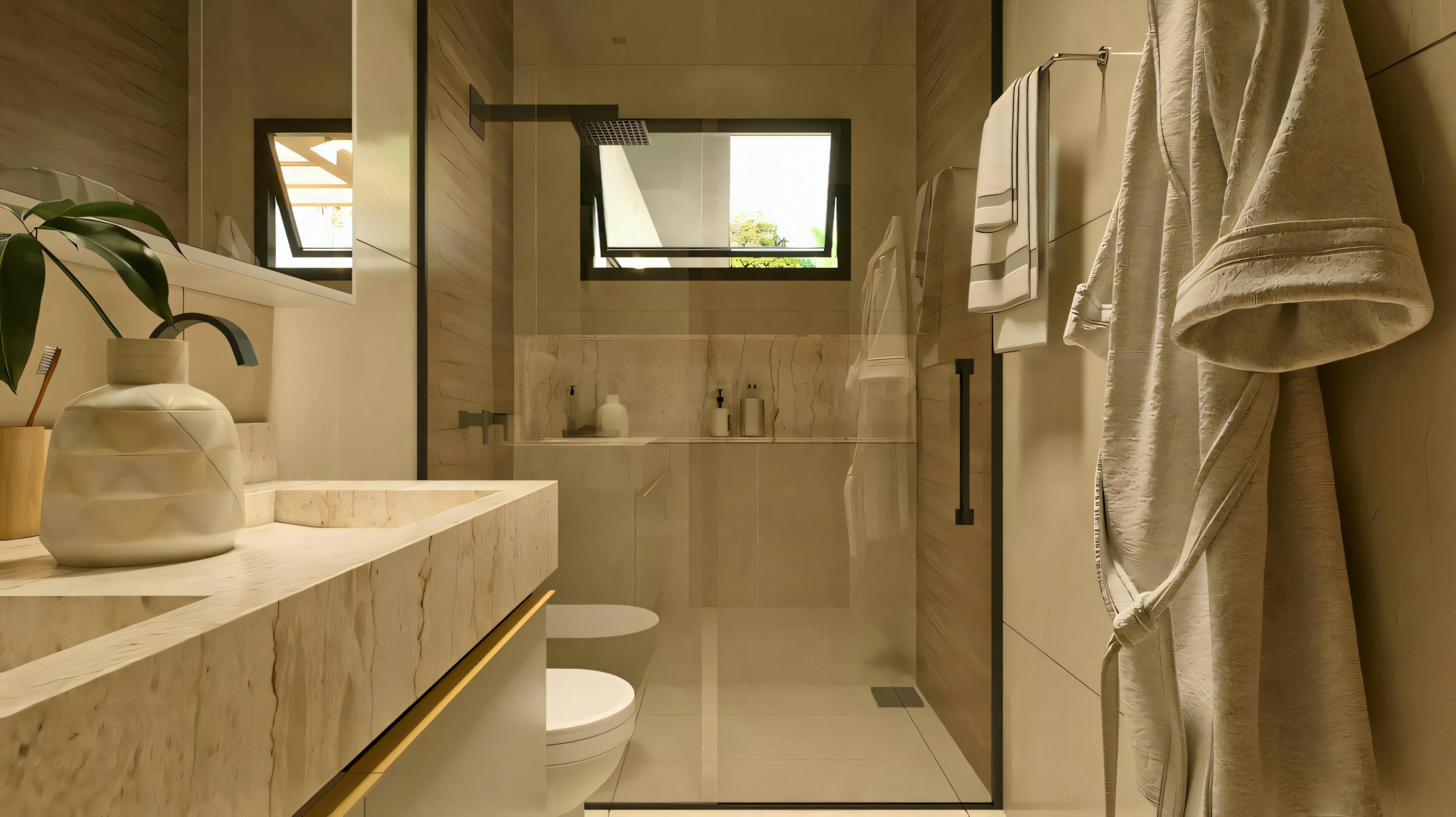 Baño con porcelanato marmolizado.