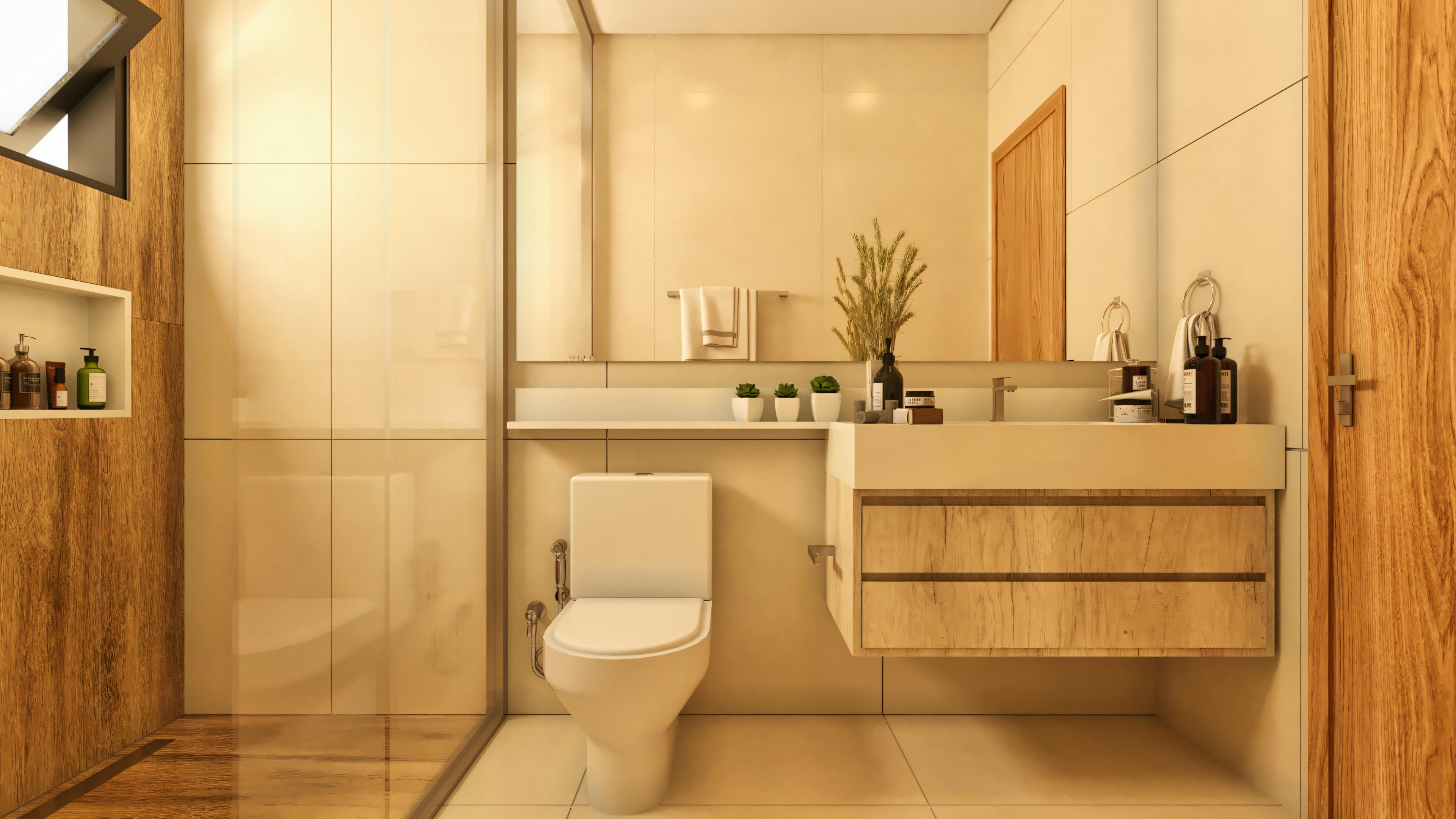 Baño de suite en casa moderna con 3 habitaciones. Presenta ducha acristalada, nicho en la ducha, encimera en madera con lavabo de apoyo, espejo y sanitario.