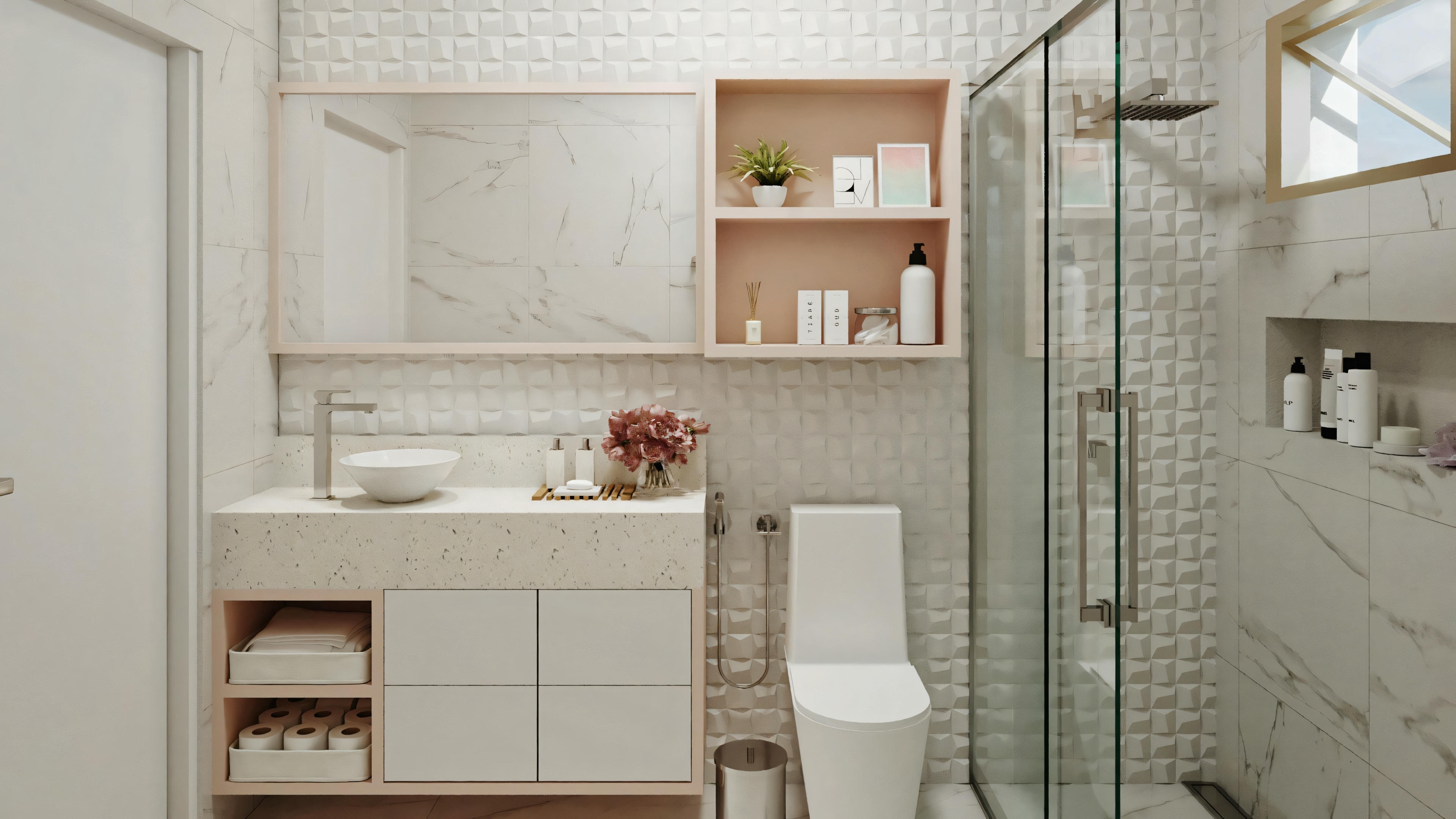 A bathroom with a light color scheme, white tiles, shower area, toilet, and shelves with various items.