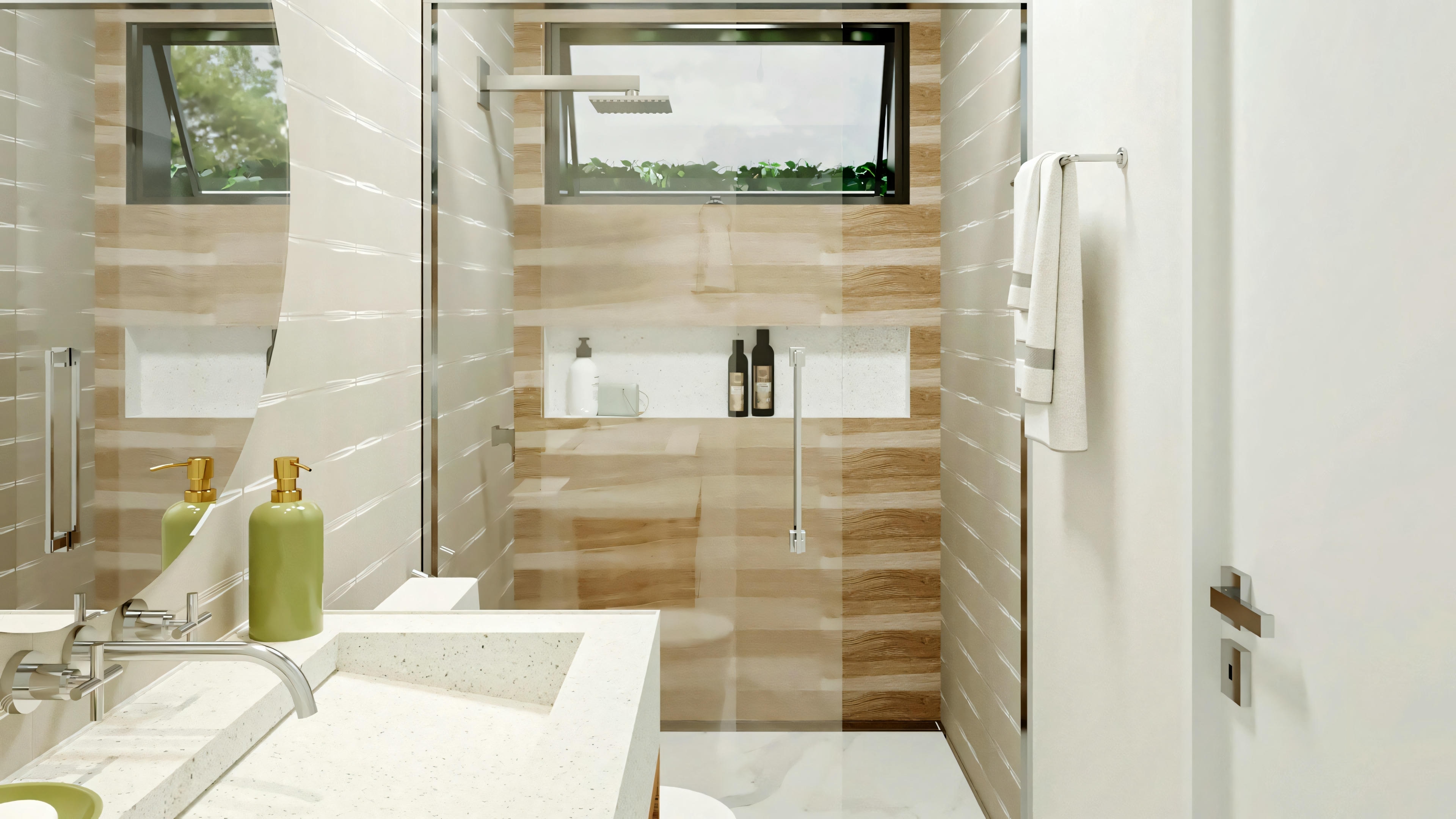 Bathroom with glass shower, sink with mirror above, and towels hanging on the wall.