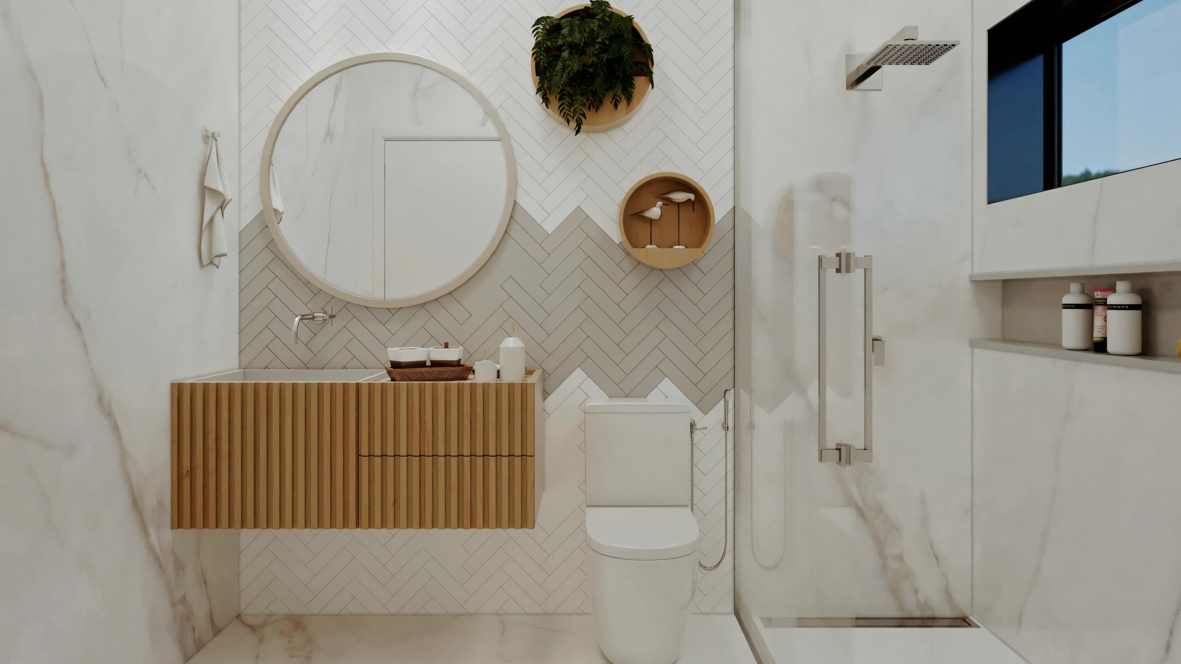 A bathroom with a round mirror above the sink, wall decorations, and a toilet.