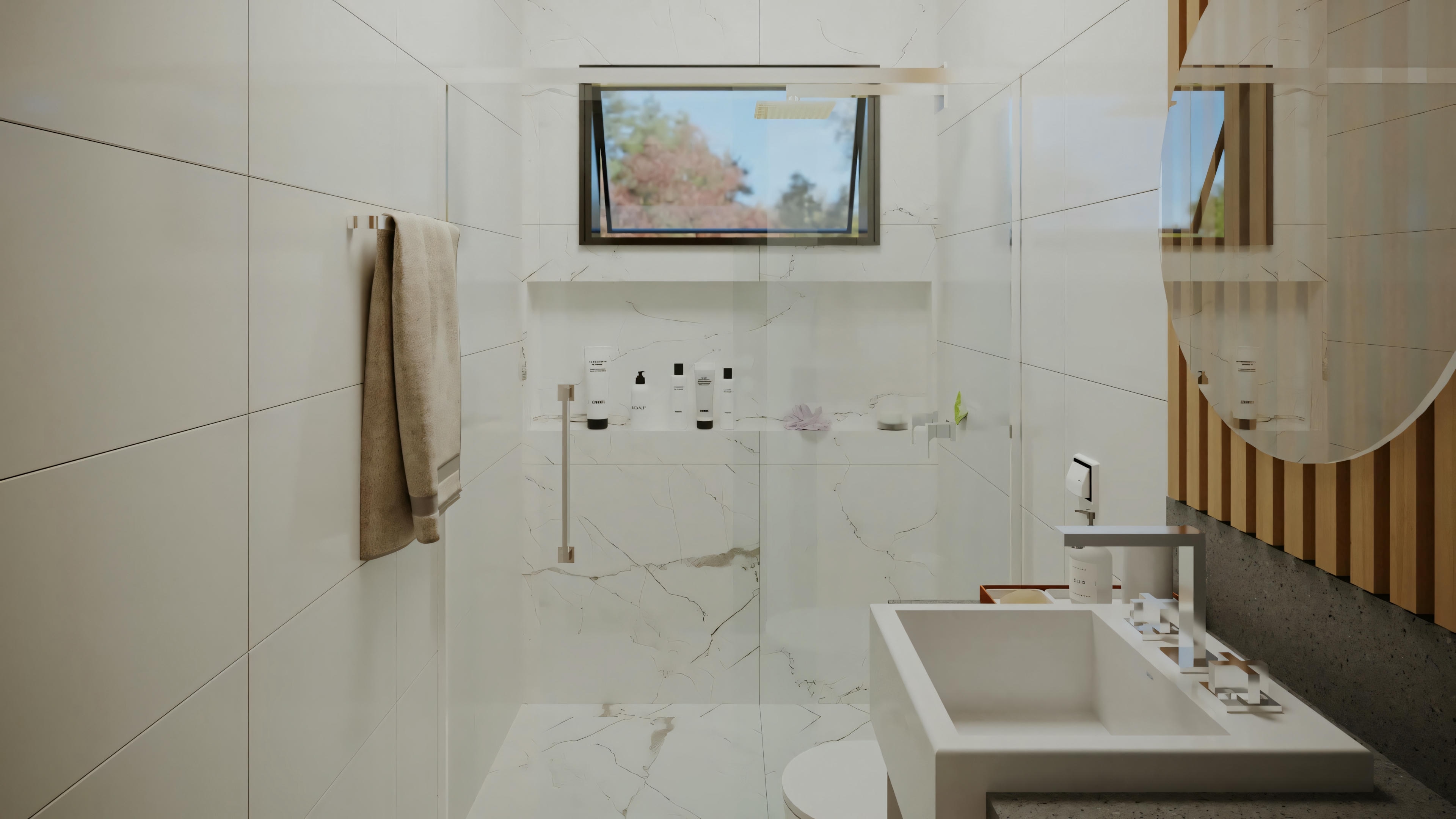 A bathroom with a sink, mirror, towel rack, and shower area with glass doors.