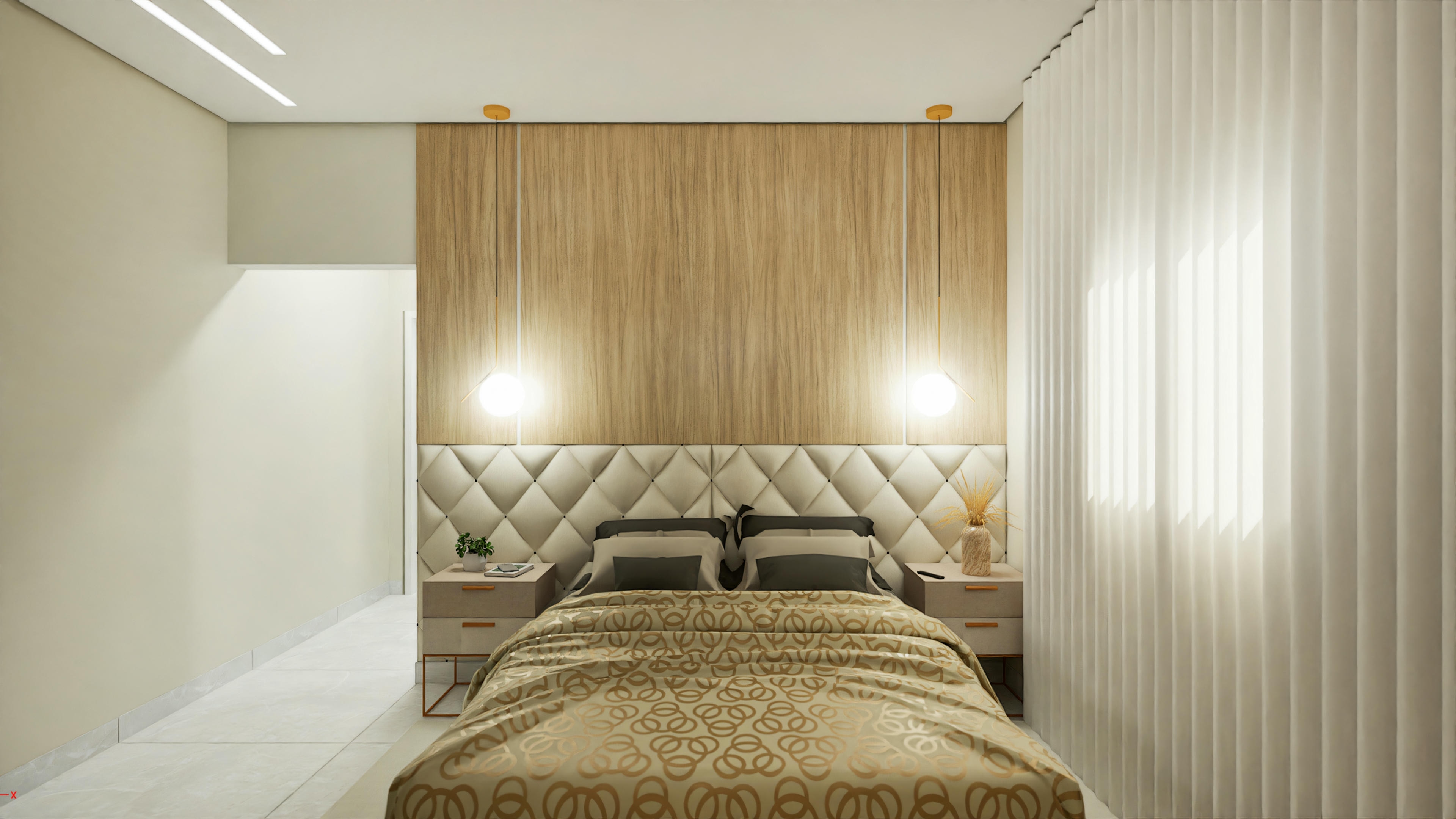 Bed with upholstered headboard and wooden panel.