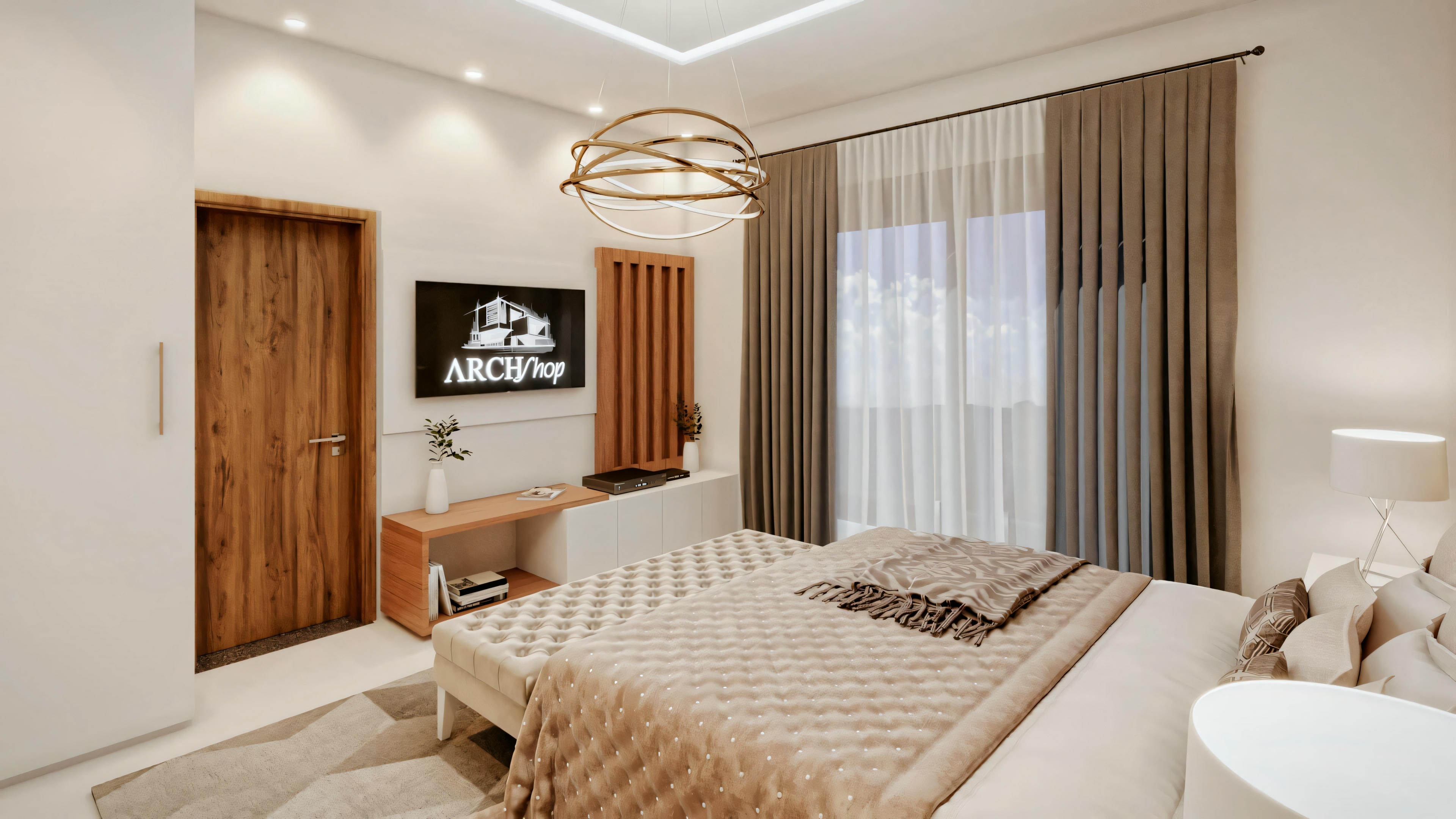 A bedroom with a large bed covered in a gray and white patterned quilt, two nightstands, one visible with a lamp, and a large window with partially closed curtains. The ceiling has recessed lighting and an ornate chandelier in the center.