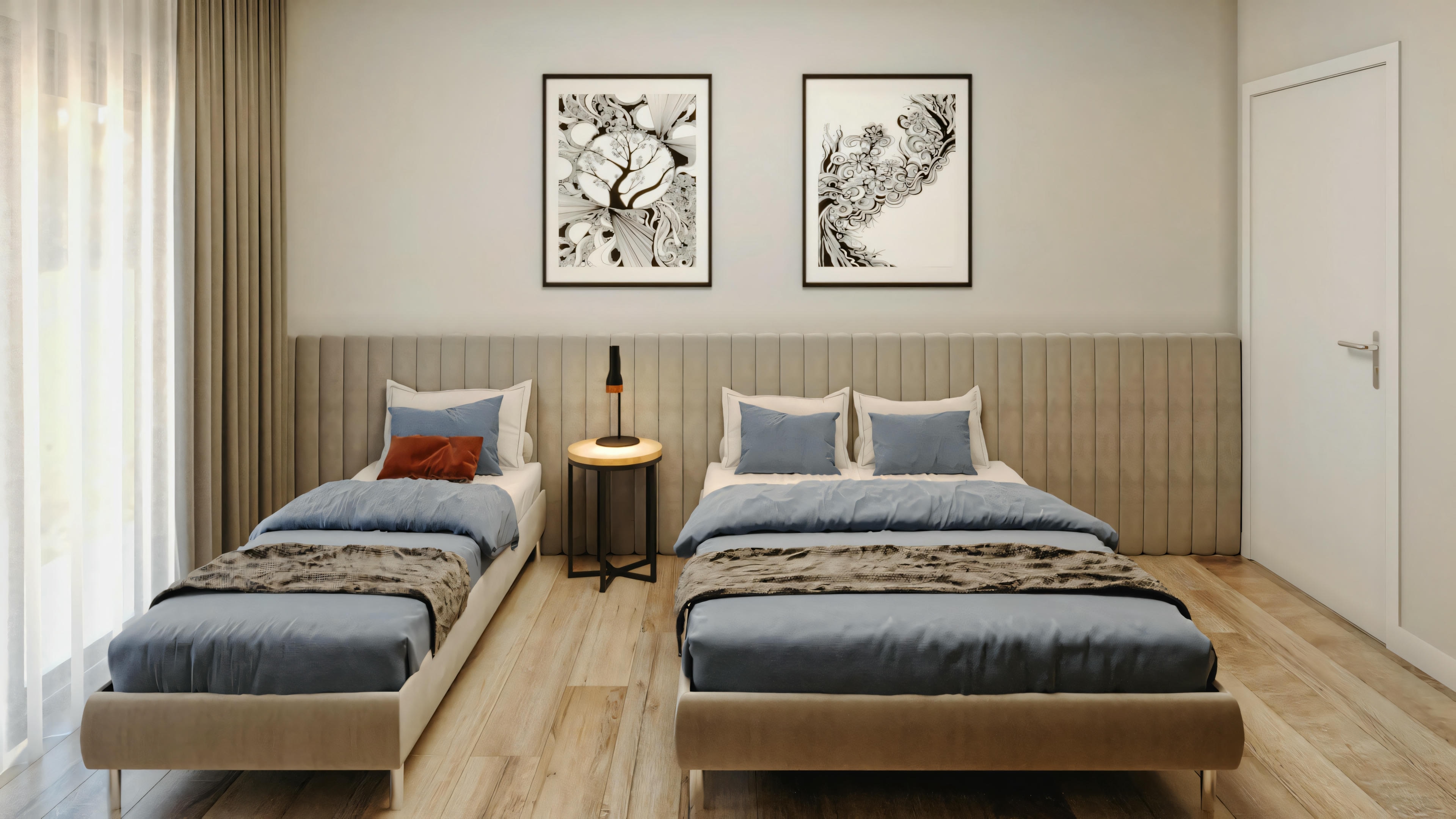 A bedroom with two single beds covered with blue and white bedding, a wooden headboard, and pictures above the beds.