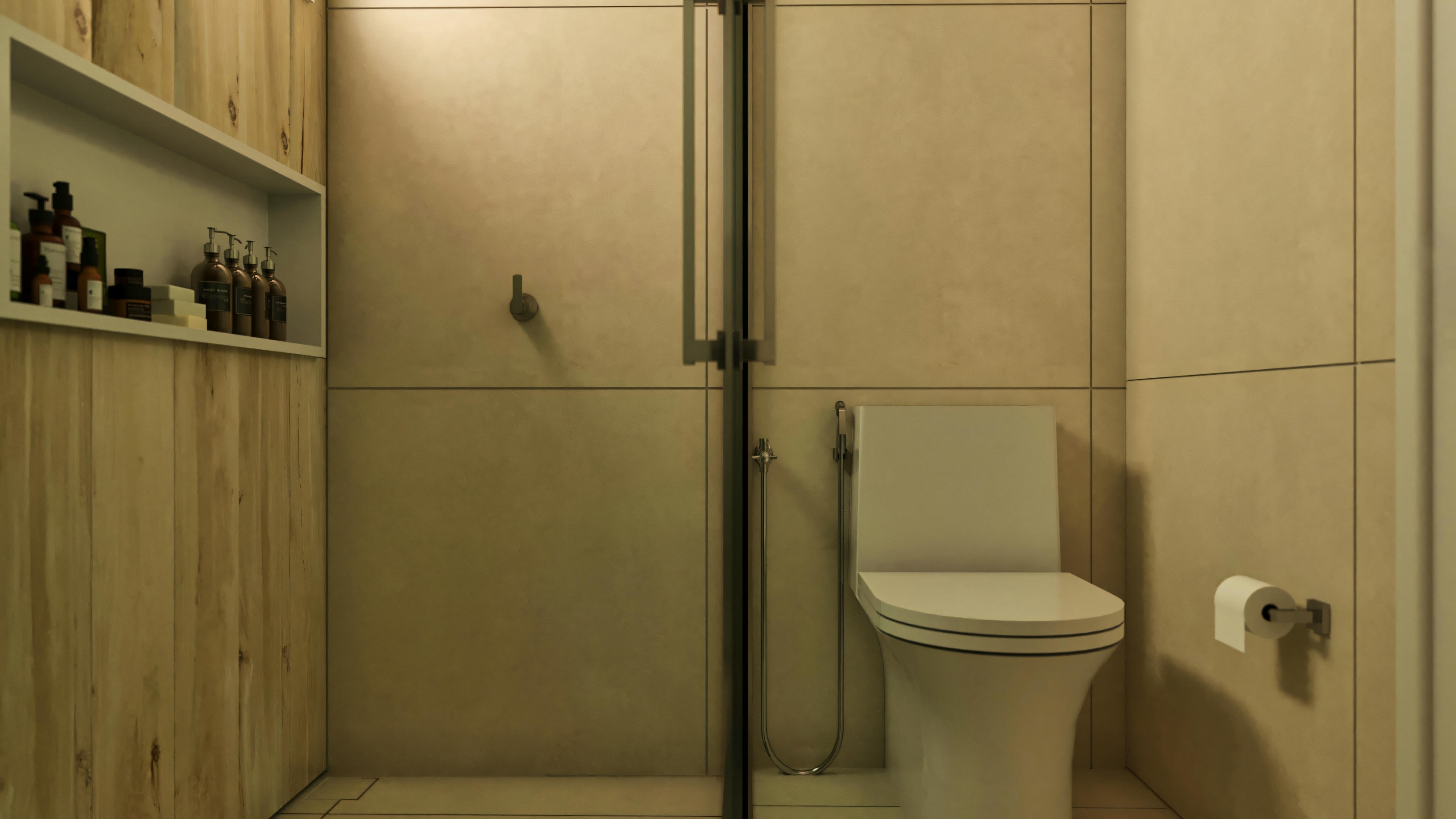 Detalhe do box e vaso sanitário no banheiro de suíte de casa de alto padrão com 5 suítes. Box com vidro, nicho embutido na parede com revestimento amadeirado, e vaso sanitário moderno.