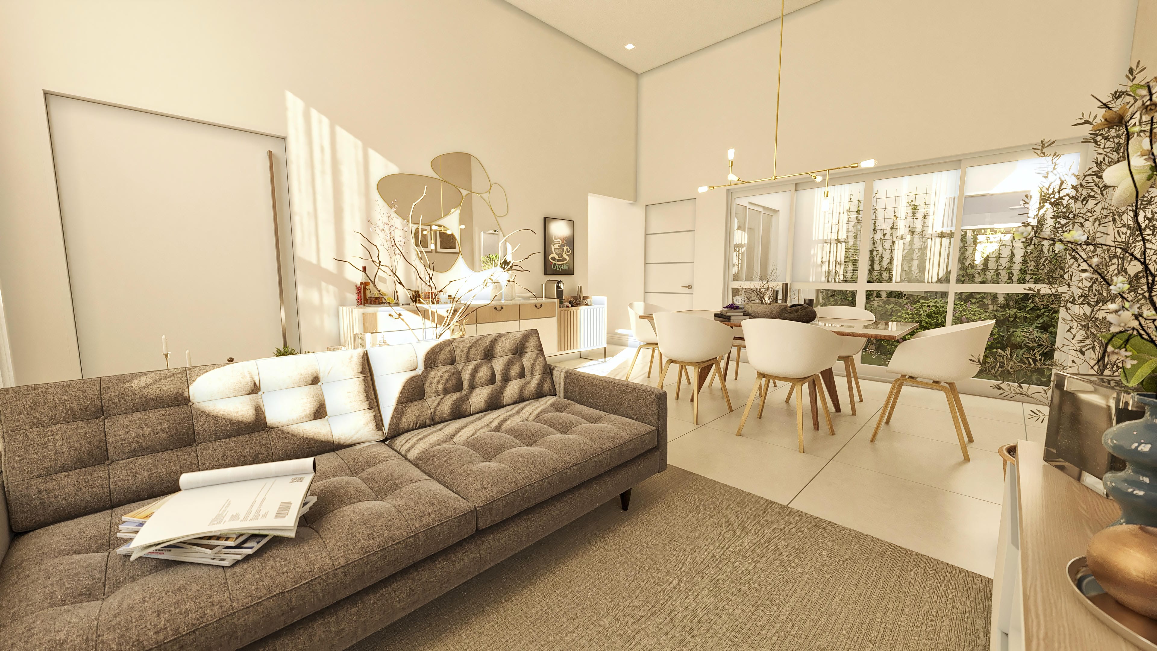 Interior de casa de una planta moderna con sala de estar, comedor, grandes ventanas y detalles de iluminación natural y artificial.