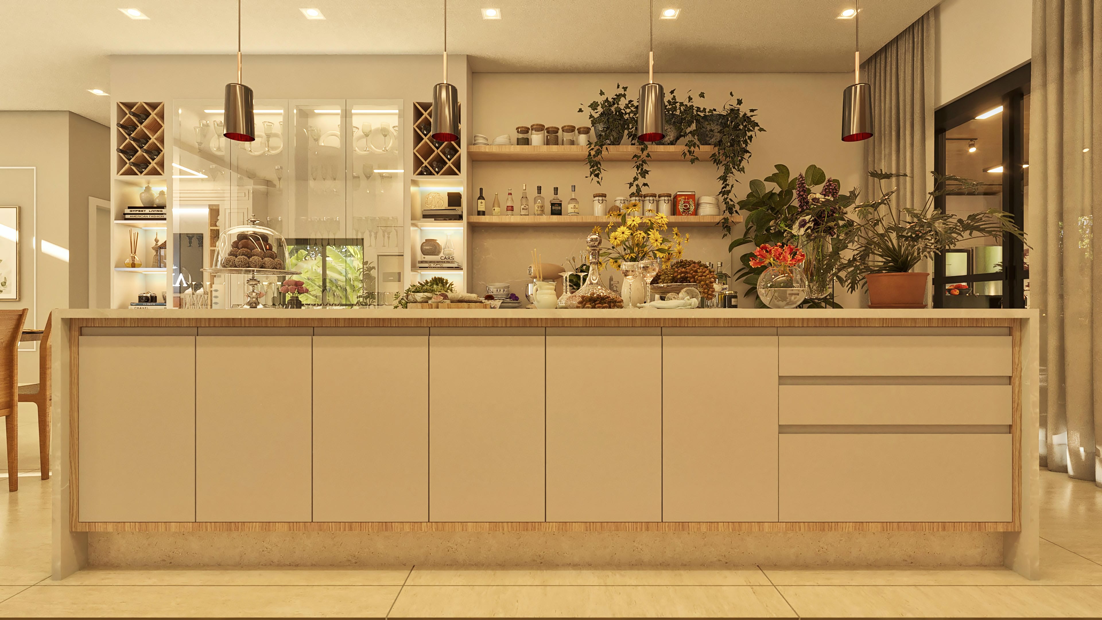 Modern countertop with light-toned custom cabinets, wood details, shelves with wine cellar, and recessed lighting, ideal for an elegant house gourmet area.