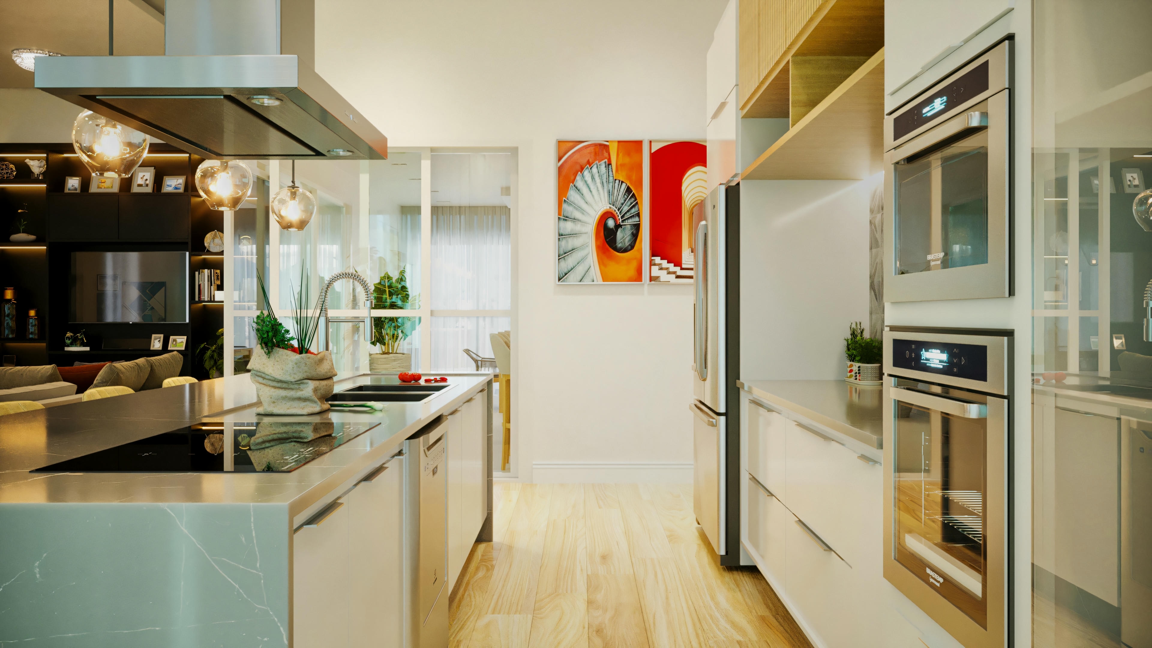 Vista lateral de la cocina gourmet y su isla central en casa de alto padrão con 3 suites, piscina y zona gourmet de lujo. La imagen muestra la disposición de los electrodomésticos, la encimera de la isla con cooktop y fregadero, y la fluida integración con la sala de estar al fondo. Cocina de 335.08m² perfecta para una zona gourmet.