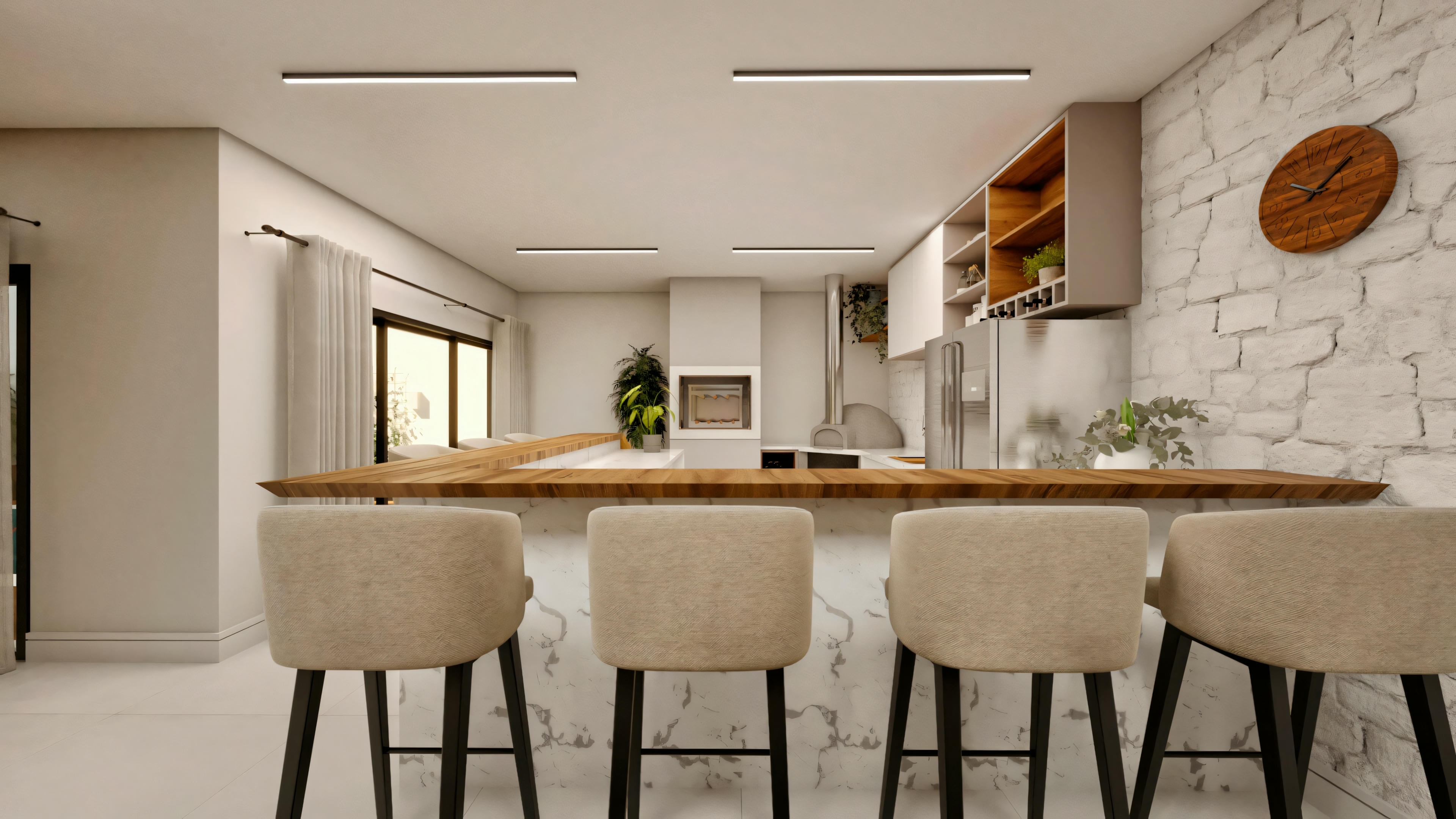 Cocina moderna con banquetas alineadas en la barra, iluminación colgante y decoración contemporánea.