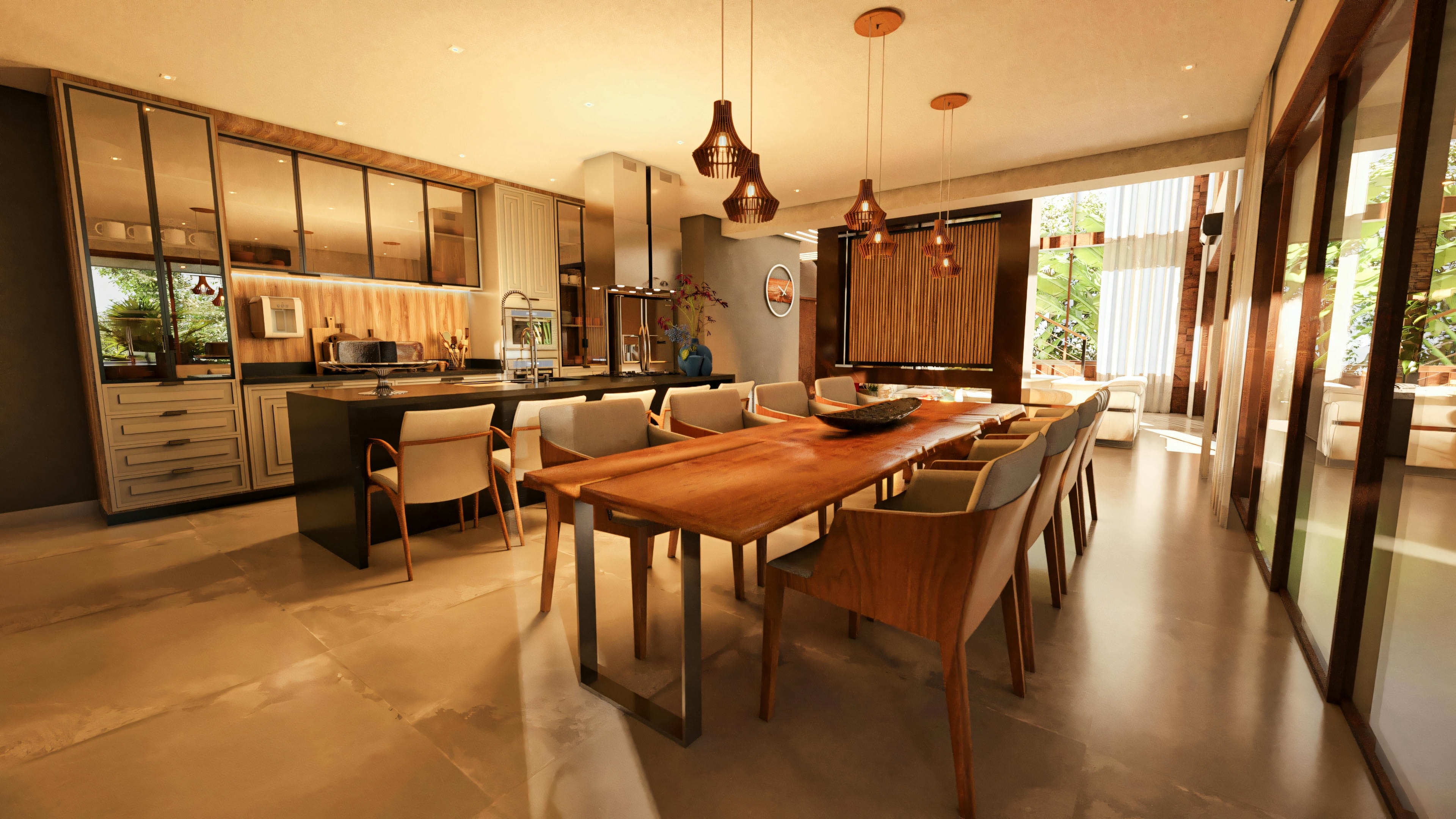 Amplio comedor y cocina gourmet integrados en casa de lujo con 4 suites, con mesa de comedor de madera y sillas de diseño, cocina moderna con isla central oscura, armarios planeados con puertas de vidrio e iluminación interna, y grandes puertas de vidrio que se abren al área externa, proporcionando iluminación natural.