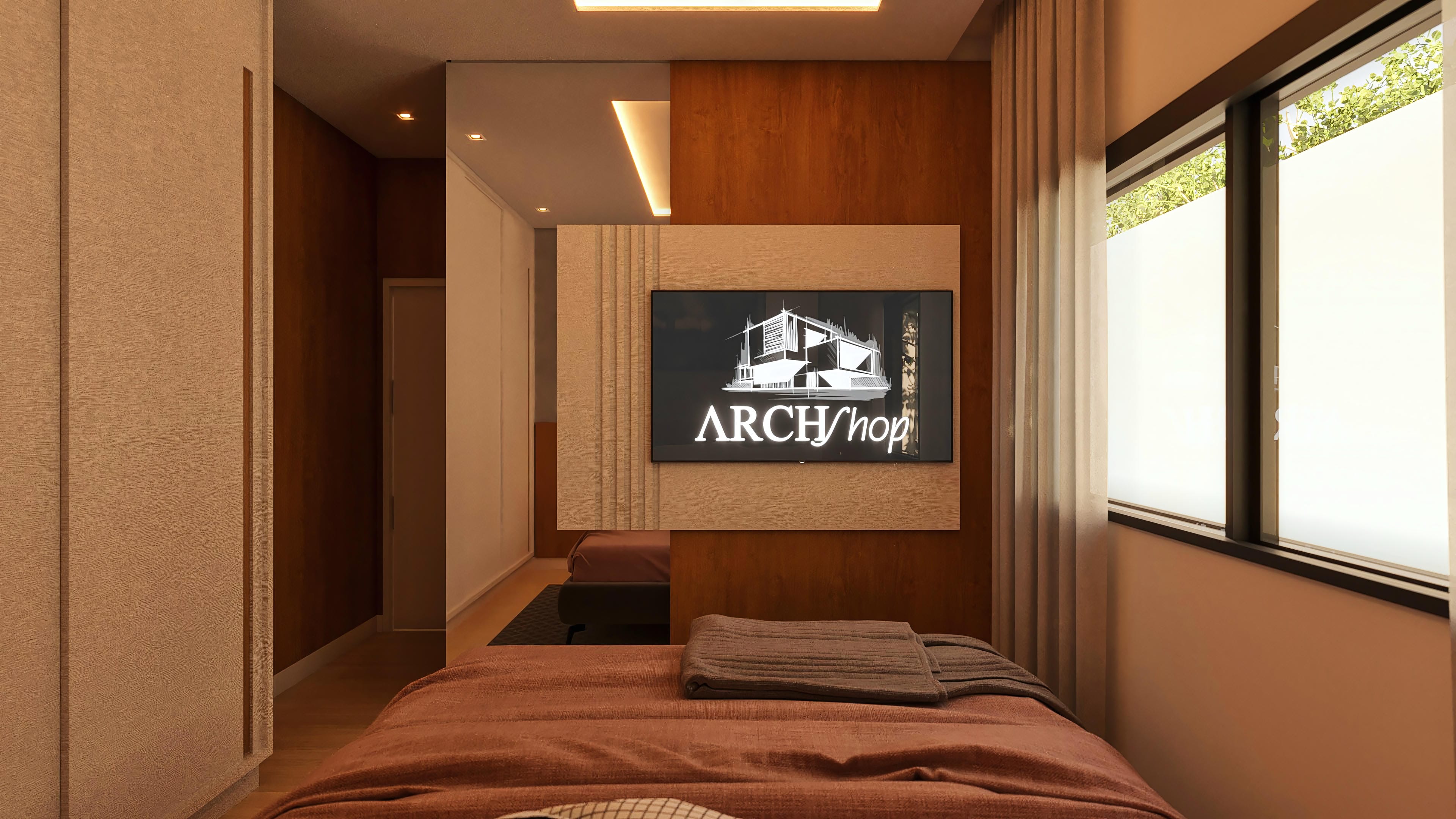 Interior of a single-story house showing a bedroom with a bed, light wood cabinets with slatted details, a mirror, and a large window overlooking a green area.