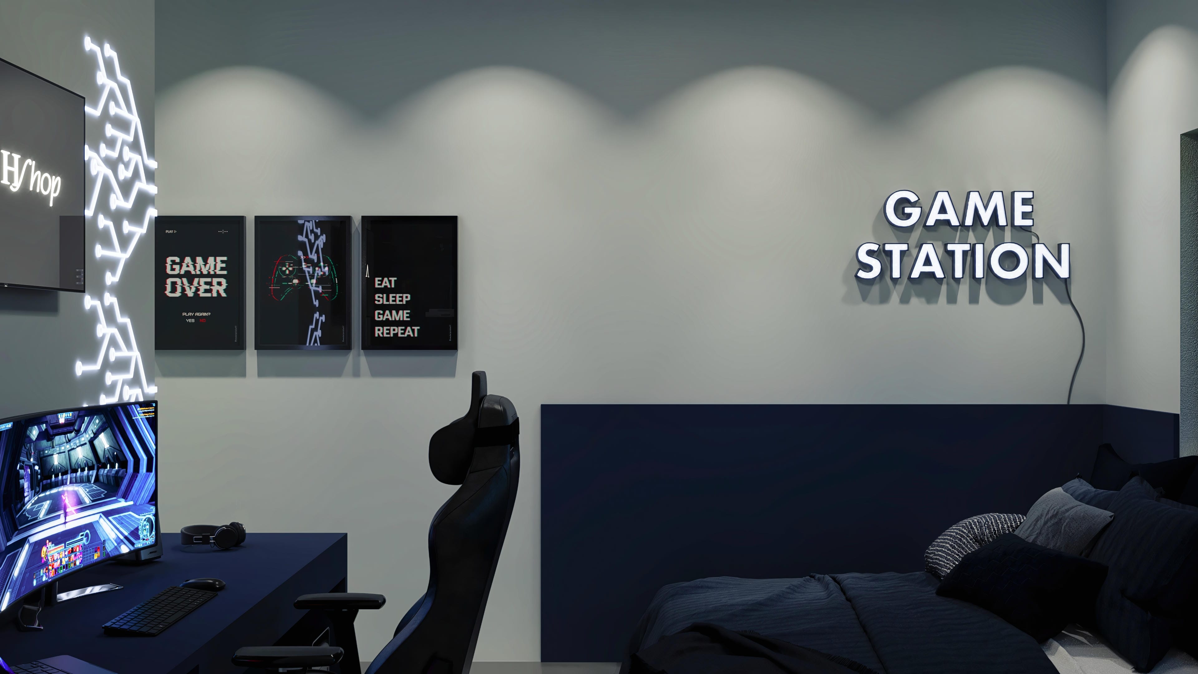 Modern decoration for a 5x32 two-story house with a gamer theme, featuring neon lighting, thematic frames, and dark furniture.