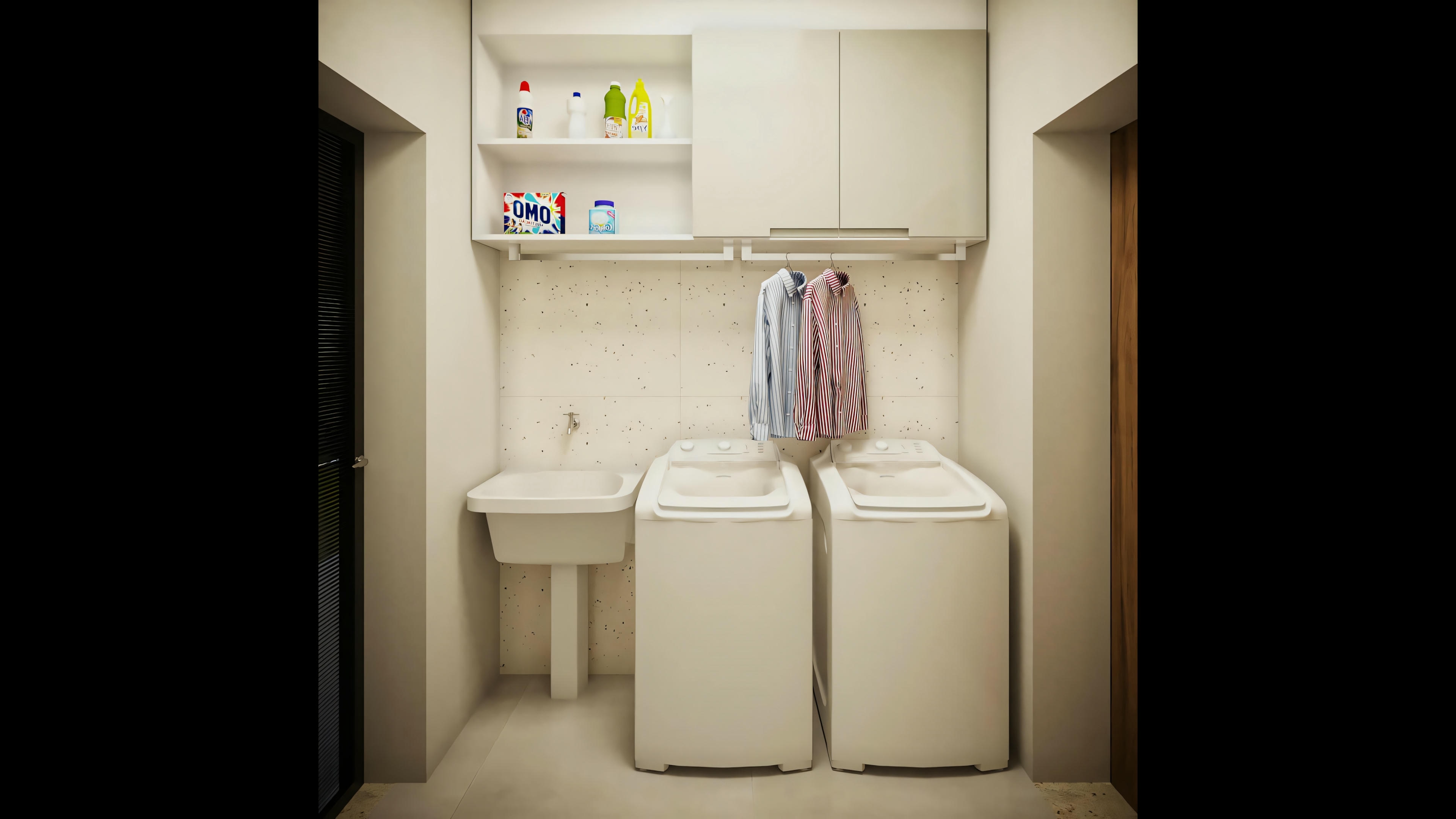 View of the complete laundry room, with sink, in the 368sqm ready-made house plan. Ready-made house project with 3 suites, office, and gourmet area on a 25x40 plot.