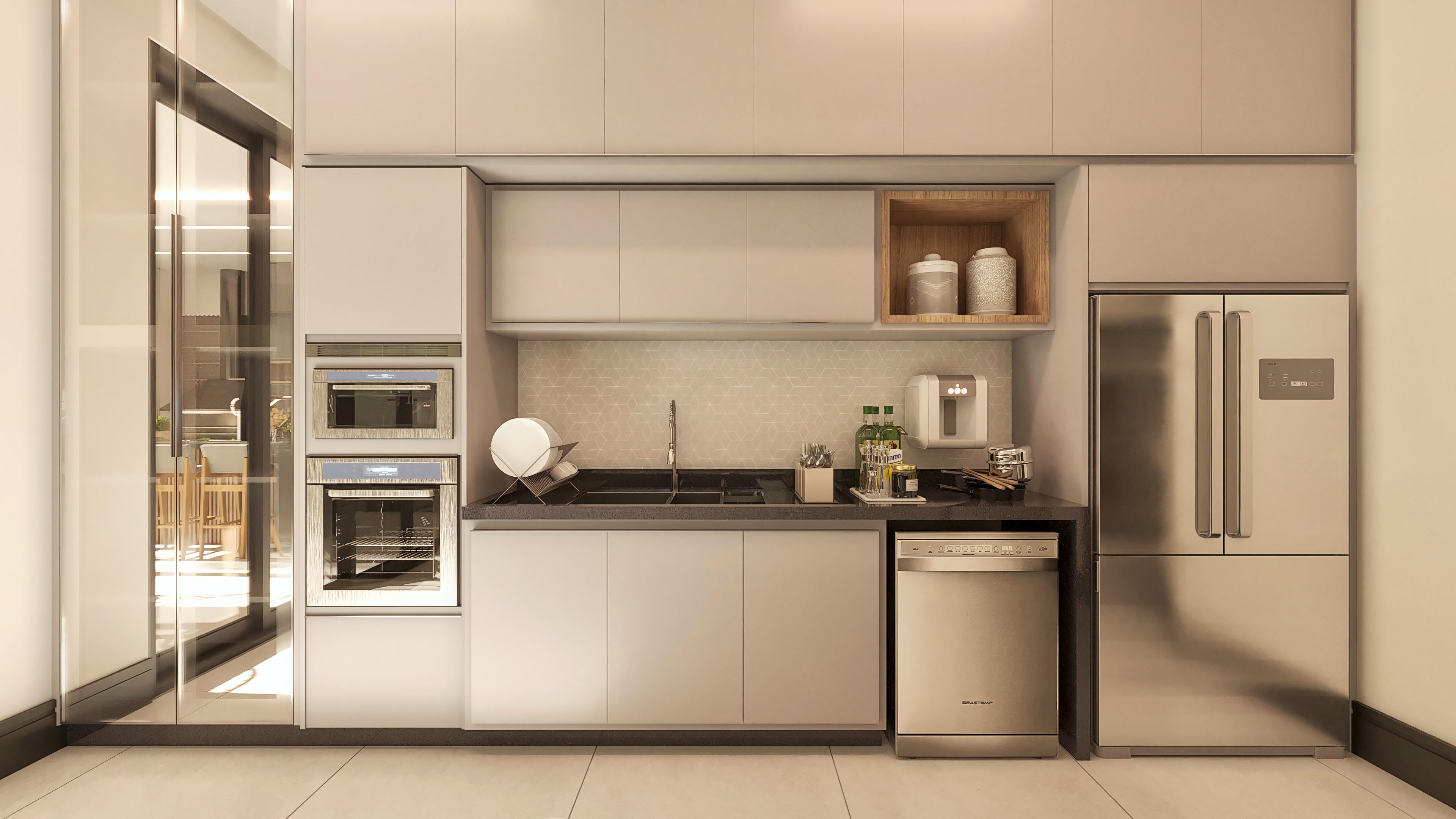 Modern kitchen with light cabinets, dark countertop, integrated appliances such as a double oven and stainless steel refrigerator. Details like a mosaic on the wall and a wooden wine cellar.