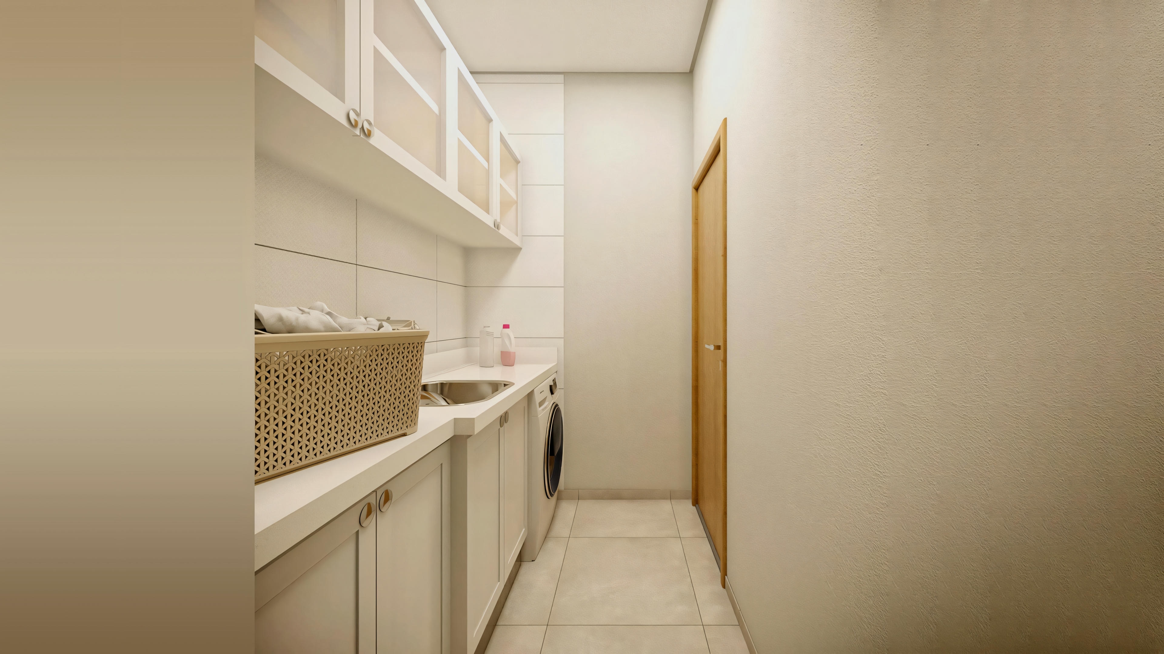 Corredor interno com paredes e piso claros, levando a uma sala com prateleiras visíveis.