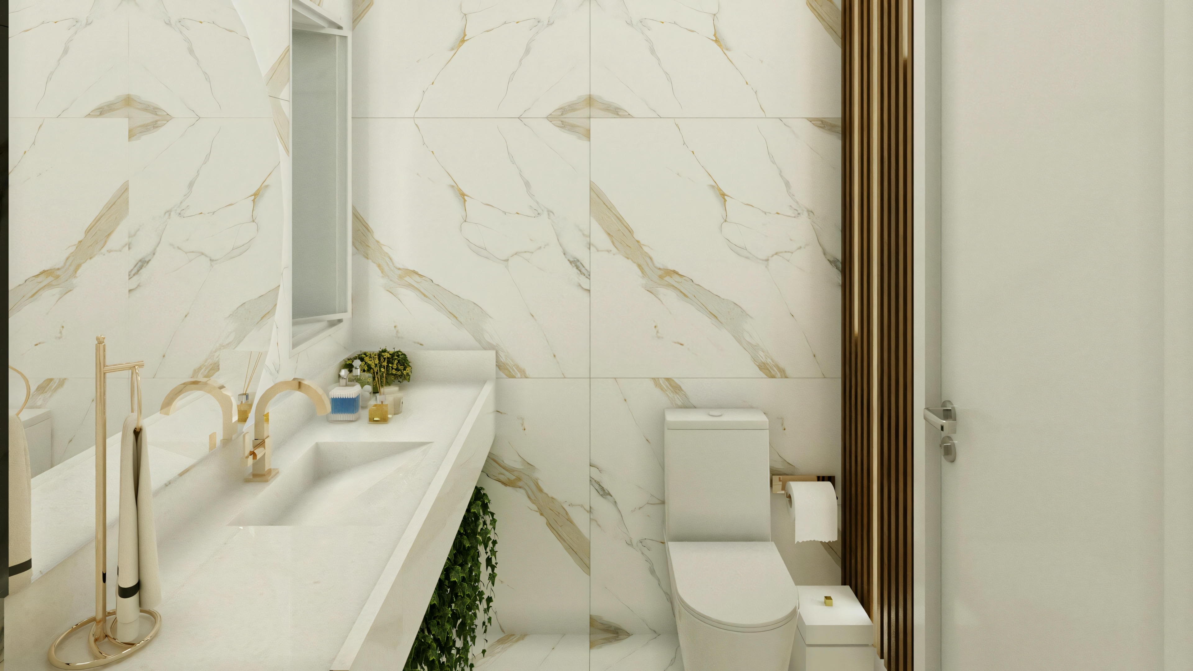 Un cuarto de baño moderno con paredes de mármol, bañera e inodoro.